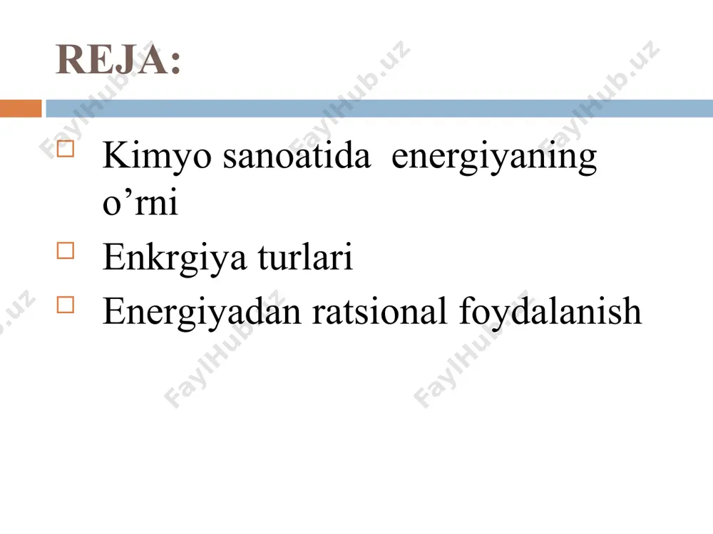 nergiyasidan foydalanadi. --kimyoviy ishlab chiqarishning energiya talabi energiya sig'imi bilan baholanadi. kimyoviy ishlab chiqarish energiya sig'imi bo'yicha uch sinfga bo'linadi. 1 sinf. 1 tonna mahsulotga 2 tonna shartli yoqilg'i sarflaydigan korxona (58.103 kj). 2 sinf. bir tonna mahsulotga 1 tonnadan 2 tonnagacha shartli yokilg'i sarflaydigan ishlab chiqarish (29.103 - 58.103 kj ). 3 sinf. bir tonna mahsulotga 1 tonna shartli yokilg'i sarflaydigan korxona (29.103 kj). planeta bo'yicha hozirgi vaqtda 2,93-1014 kvt-s yoki 3,35-107 mvt-yil energiya ishlab chiqiladi energiyadan ratsional foydalanish 1 t alyuminiy ishlab chiqarish uchun - 20 000 kvt · soat energiya talab etiladi. 1 t magniy ishlab chiqarish uchun - 18 000 kvt · soat energiya talab etiladi. 1 t fosfor ishlab chiqarish uchun –o’rtacha 15 000 kvt ·soat energiya talab etiladi. 1 t ammoniy nitrat va superfosfat ishlab chiqarish uchun - 10 va 5 kvt ∙ soat elektr energiyasi talab etiladi. kimyoviy yoqilg'ini energetik baholash quyidagicha xarakterlanadi: …