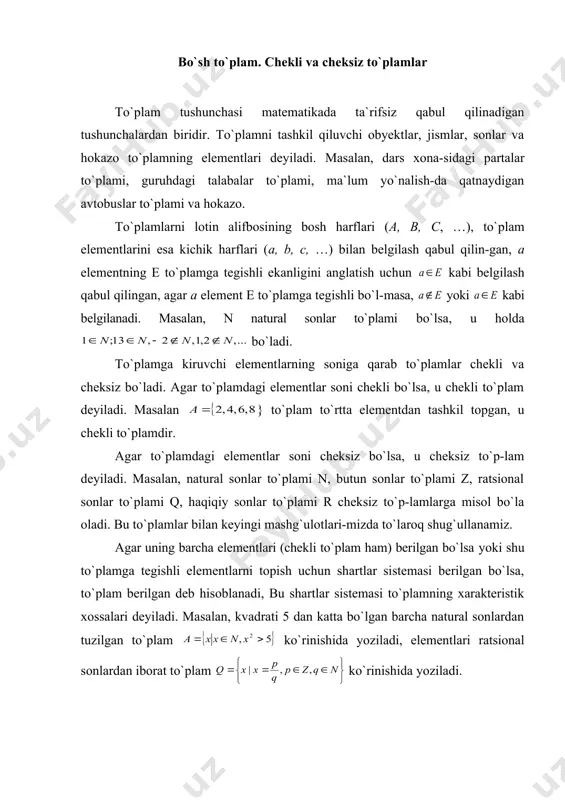si (umumiy qismi) tasvirlangan. umuman, (i=1, 2, … n) to`plamlarning kesishmasi deb bir vaqtning o`zida hamma to`plamlarga tegishli bo`lgan element-lardan iborat to`plamga aytiladi va ko`rinishida belgilanadi. ta`rifdan kelib chiqadiki 2-ta`rif. e va f to`plamlarning barcha elementlaridan tuzilgan to`plam e va f to`plamlarining birlashmasi (yig`indisi) deyiladi va ko`rinishida belgilanadi: a) b) 3-rasm. 3-rasmda e va f (a)) hamda e, f va g to`plamlarining (b)) birlashmasi tasvirlangan. ta`rifdan , kelib chiqadi. 3-ta`rif. e va f to`plamlarning ayirmasi deb e to`plam elementlari-dan f to`plamda ham qatnashgan elementlarini olib tashlashdan qolgan elementlaridan tuzilgan elementlar to`plamiga aytiladi va e\f kabi belgilanadi: . a) b) 4-rasm. 4-rasmda e va f to`plamlarning ayirmasi (shtrixlangan qismi) tas-virlangan. bundan tashqari, b) rasmda shtrixlangan soha, f to`plamning e to`plamgacha to`ldiruvchisi deyiladi va yoki f1 kabi belgilanadi. bu holatda va e\f to`plam f to`plamning to`ldiruvchisi deyiladi. 4-ta`rif. agar qaralayotgan barcha to`plamlar uning qism to`plam-lari bo`lsa, v to`plam universal to`plam deyiladi,. bu …