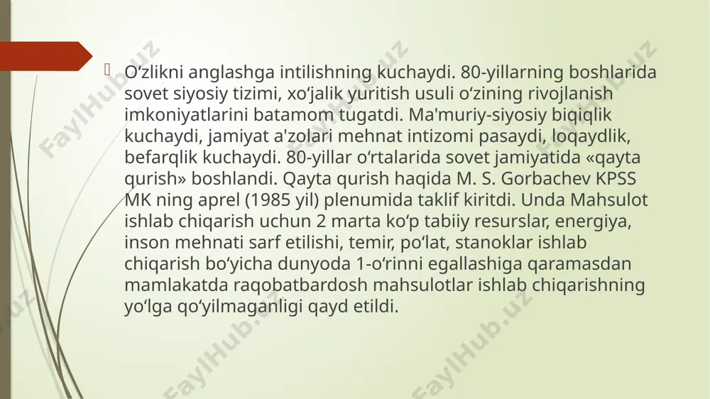 da amalga oshirilayotgan keng qamrovli islohotlarda faol ishtirokini ta'minlash bo'yicha qo'shimcha chora-tadbirlari to'g'risida" pq-3775-sonli qarori. 4. mirziyoev sh.m. qonun ustuvorligi va inson manfaatlarini ta'minlash yurt taraqqiyoti va xalq farovonligining garovi. - toshkent: o'zbekiston, 2017. 5. mirziyoev sh.m. milliy taraqqiyot yo'limizni qat'iyat bilan davom ettirib, yangi bosqichga ko'taramiz. t. 1. - toshkent: o'zbekiston.. 2017. 6. mirziyoev sh.m. buyuk kelajagimizni mard va oliyjanob xalqimiz bilan birga quramiz. - toshkent: o'zbekiston. 2017. 7. oʻzbekiston respublikasi prezidenti shavkat mirziyoyevning oliy majlisga murojaatnomasi. 2020 yil. 26 e’tiboringiz uchun raxmat image1.png image2.png /docprops/thumbnail.jpeg