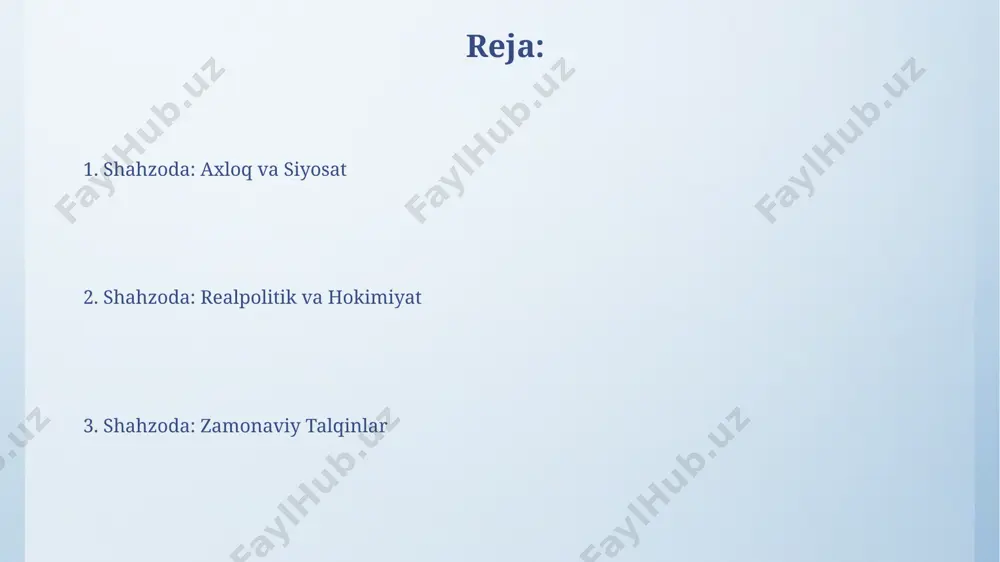 0 dan ortiq askar bilan italiya shaharlarini bosib olishni o'z ichiga oladi, bu esa tezkor harakatlar va kutilmagan hujumlarga asoslangan. siyosat va axloq machiavelli 16-asr italiyasida, ayniqsa, florensiya respublikasining siyosiy muhitini tahlil qilib, shahzodaning axloqiy qoidalarga amal qilishi shart emasligini, balki davlat manfaatlari uchun har qanday usuldan foydalanishi mumkinligini ta'kidlaydi. "siyosat va axloq" mavzusi bo'yicha muallifning 1532 yilda yozilgan "shahzoda" asari 26 bobdan iborat bo'lib, unda shahzoda uchun qulay siyosiy strategiya va xalqni boshqarishning 10 ga yaqin turli usullari bayon qilingan. hukmdorlik sanʼati haqida machiavelli "hukmdorlik sanʼati haqida" asarida davlatni boshqarishning realpolitik usullarini, xususan, 2 ta asosiy strategiya – "ayyorlik" va "kuch"ni qo'llashni tavsiya qiladi va bu 16-asr siyosatiga katta taʼsir ko'rsatdi. kitobda hukmdorning shaxsiy fazilatlari, xususan, 7 ta asosiy fazilat – jasorat, donolik, adolat, saxiylik, ehtiyotkorlik, qatʼiyatlilik va qatʼiyatlilik kabi fazilatlarning ahamiyati haqida batafsil bayon qilinadi. asarning dolzarbligi “ҳукмдор” асаридаги 14 та ҳарбий стратегиянинг 3 таси рим империясининг ҳарбий …