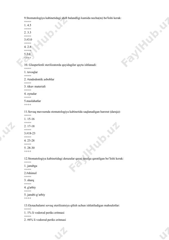 bemorning diagnostikasi ==== 3.bemorning yashash joyi ==== 4.zamonaviy plomba materiallari ++++ 24.bemorni tekshirishning asosiy usullariga quyidagilar kiradi: ==== 1.termodiagnostika ==== 2.rentgen tekshiruvi. ==== 3.#bemorni so'roq qilish ==== 4.biokimyoviy tadqiqotlar ++++ 25.qo'shimcha tekshirish usullariga quyidagilar kiradi: ==== 1.tishlarning perkussiyasi ==== 2.tarixni olish ==== 3.bemorni so'roq qilish ==== 4.#rentgen tekshiruvi ++++ 26.qo'shimcha imtihon usullariga quyidagilar kiradi: barcha javoblar to'g'ri ==== 1.immunologik tadqiqotlar ==== 2.#biokimyoviy tadqiqotlar ==== 3.sitologik tadqiqotlar ++++ 27.tishning elektr qo'zg'aluvchanligini aniqlash uchun quyidagi usul qo'llaniladi: ==== 1.#elektroodontodiagnoz ==== 2.radiografiya ==== 3.sitologik ==== 4.biokimyoviy ++++ 28.kariyes bu: ==== 1.keyinchalik nuqson shakllanishi bilan tishning qattiq toqimalari ==== 2.#demineralizatsiya va yumshatish sodir bo'lgan patologik jarayon ==== 3.emal va dentinning patologik aşınması ==== 4.tish pulpasining yallig'lanishi ==== 5.periodontdagi patologik jarayon ++++ 29.shikastlanish joyiga ko'ra kariyes quyidagilarga bo'linadi. ==== 1.ortacha ==== 2.yuzaki ==== 3.#yoriq ==== 4.chuqur ++++ 30.topografik tasnifi bo‘yicha kariyeslar ajratiladi: ==== 1.#joy bosqichida ==== 2.achchiq ==== 3.surunkali ==== 4.asosiy ++++ 31.murakkab kariyes: ==== …