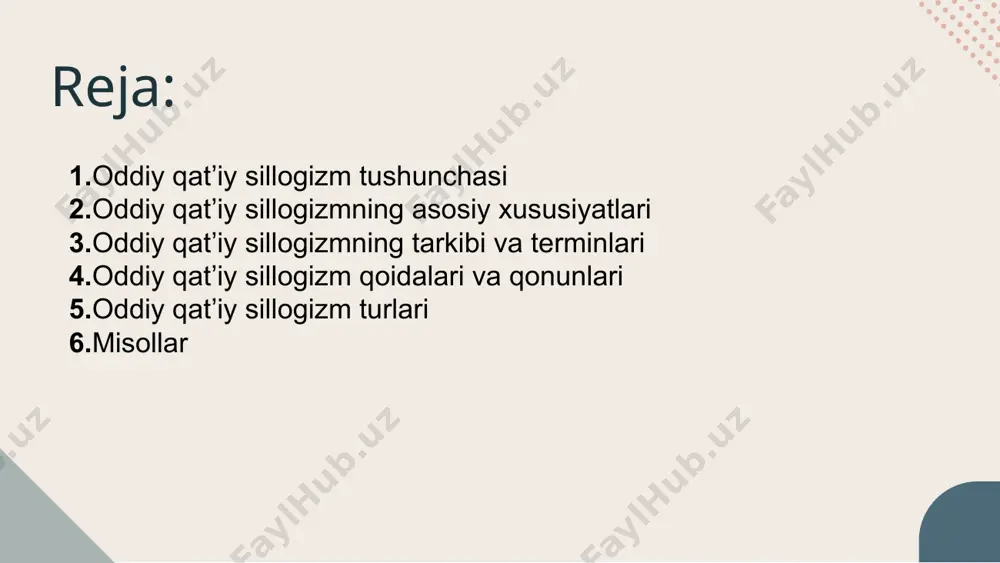 llogizm. qisman tasdiqlovchi sillogizm: faqat maʼlum bir qismni tasdiqlovchi sillogizm. bu turlar turli xil fikr yuritish usullari va dalillarni tahlil qilish uchun ishlatiladi. oddiy qatʼiy sillogizmning ahamiyati oddiy qatʼiy sillogizm inson tafakkurining rivojlanishida muhim rol oʼynaydi. u quyidagi afzalliklarga ega: fikrlarni tizimlashtirish va mantiqiy izchillikni taʼminlash. muammolarni tahlil qilish va samarali yechimlar topishda yordam berish. ilmiy izlanishlarda asosiy vosita sifatida ishlatilishi. oddiy qatʼiy sillogizmning cheklovlari biroq, ushbu uslubning ayrim cheklovlari ham mavjud: asoslarning notoʼgʼri tanlanishi notoʼgʼri xulosalarga olib kelishi mumkin. murakkab masalalar uchun bu usul har doim ham yetarli boʼlavermaydi. amaliyotda uni qoʼllash qiyinchilik tugʼdirishi mumkin. fan va mantiqdagi qoʼllanilishi oddiy qatʼiy sillogizm fanning turli sohalarida qoʼllaniladi: matematika: dalillarni asoslash va xulosalar chiqarishda. tabiiy fanlar: tadqiqot natijalarini mantiqiy tahlil qilishda. falsafa: tushunchalarni mantiqiy asoslash va yangi nazariyalarni yaratishda. sillogizmning tarixiy rivojlanishi oddiy qatʼiy sillogizm aristotel davridan boshlab rivojlanib kelmoqda. oʼrta asrlarda u ilohiyot va huquqshunoslikda qoʼllanilgan. keyinchalik, zamonaviy mantiqiy tizimlar …
