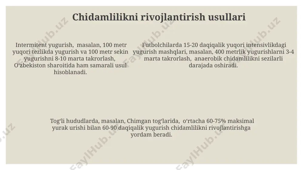 р (масалан, 30 сониялик спринтлар, 60 сониялик дам олиш билан алмашиб) ҳажми ҳар бир машғулотда камида 8-10 такрорни ташкил этади ва бу тезлик-чидамлиликни ривожлантиради. ўзбекистоннинг "пахтакор" футбол клубидаги машғулотларда юқори интенсивликли интервалли югуришлар (400-800 метр) ҳажмини ҳафтасига 3 машғулотдан кам бўлмаслиги муҳим, бу мускулларнинг чарчоққа чидамлилигини оширади. e'tiboringiz uchun rahmat @taqdimot_robot