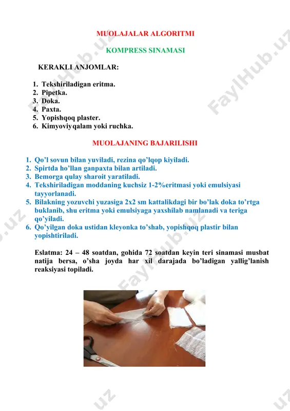 antifagini. 7. nacl eritmasi. stafilokokk vaksinasini yuborish 1. qo’l sovun bilan yuviladi, rezina qo’lqop kiyiladi. 2. vaksinani yuborish usullari: teri ostiga, teri ichiga, mushak orasiga 2 – 3 kun oralab yuboriladi. 3. vaksina birinchi bor yuborilganda 0,9 % li nacl eritmasiga 1:10 da yoki 1:100 nisbatda suyultiriladi. 4. 3.0,05 – 01 ml teri ostiga yuboriladi. bemorning adekvat reaksiyasi kuzatiladi. 5. yuborilgan joyda qizarish, shish paydo bo’lib, harorati 37,5 c ga ko’tarilganda vaksina miqdori oshirib boriladi. (0,2-0,3-0,4-0,5 ml) 6. davolash kursi: 10 – 12 inyeksiyani tashkil etadi. eslatma:stafilokokk vaksinasi 1 ml dan ampulada chiqariladi, har bir ampulaning ichida 2 milliard mikrob bor. vaksinaning bir martalik maksimal miqdori 1 ml. muolajalar algoritmi stafilokokk anatoksinini yuborish ko’rsatma: terining yiringli kasalliklari. monelik: allergik holat. kerakli anjomlar: l.spirt. 2.paxta. 3.shprits. 4.stafilokokk vaksinasi. 5.stafilokokk anatoksini. 6.stafilokokk antifagini. 7. nacl eritmasi. muolajaning bajarilishi 1. qo’l sovun bilan yuviladi, rezina qo’lqop kiyiladi. 2. stafilokokk anatoksini kuniga 1 marta, …