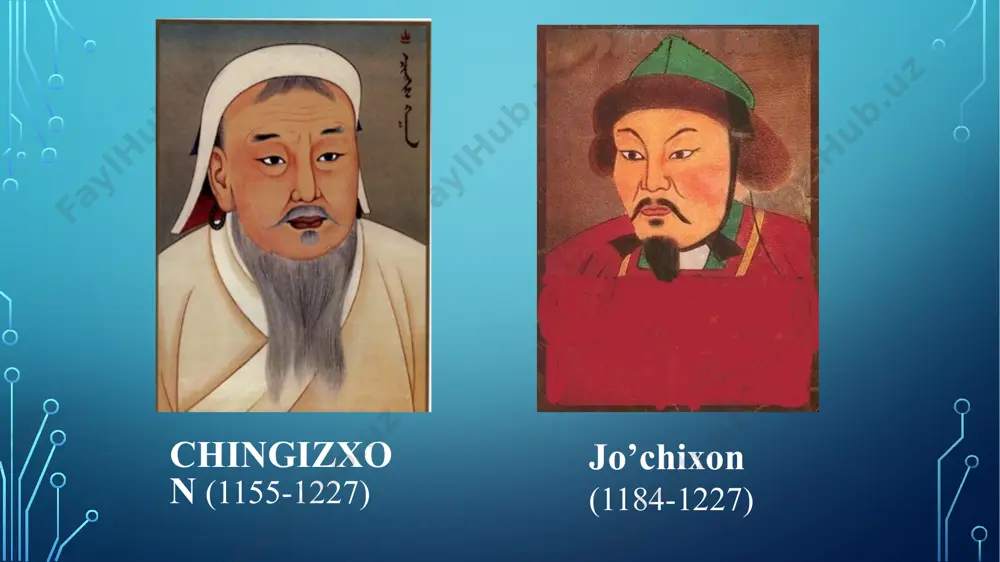qtisodiy hayoti. chingizxon 1224-yilda bosib olingan o`lkalarni o`z og`illarniga taqsimlab berdi. dashti qipchoq, itil bo`yi, xorazm jo`jiga, g`arbiy mo`guliston o`qtoyga, mo`g`uliston, xitoy va qirg`izlar yeri tuluga berildi. sharqiy turkiston, ettisuv va movarounnahr yerlari chig‘atoyga berildi va chig‘atoy ulusi deb ataldi. chig‘atoy (1127-1241) movarounnahrni idora etish ishlarini xorazmlik mahmud yalovachga topshirdi. mahmud yalovach movarannahrni boshqaradi.uning qarorgohi xo‘jand edi. harbiy hokimiyat, aholini ro‘yxatdan o‘tkazish, soliq yig‘ish ishlari dorugachi va tamg‘ach deb ataluvchi mo‘g‘ul amaldorlari qo‘lida bo‘ladi. 10 chig’toy ulusi hukmdorlari 1224-1366 11 subutoy 1176-1248 jebe 1181-1231 12 1. “kalon” yoki yer solig‘i. dehqon hosilning o‘ndan bir qismini to‘lagan aholidan markaziy hokimiyat xazinasi uchun quydagi soliqlar undirilgan: 3. ”shulen” solig‘i. har bir qo‘ra mayda moldan bir qo‘y, ming otdan bir biya olingan. 5. tuz solig‘i. 6. jon solig`i. kumush solig‘i. 4. “targ‘u” solig‘i. hunarmandlar va savdogarlardan ishlab chiqarilgan yoki sotilgan molning o‘ttizdan bir qismi hajmida undirilgan. 2. “qopchur” solig‘i. har yuz bosh qora …