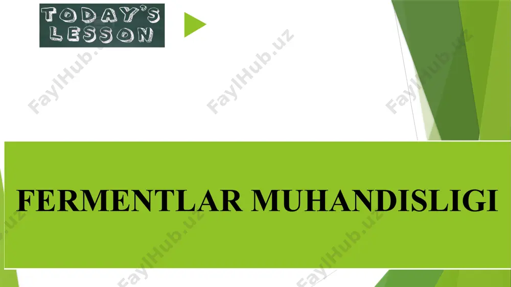 rdan olinadigan fermentlar go‘sht sanoatining yo‘ldosh mahsulotlari hisoblanadi. barcha to‘qima va hujayralar ichida fermentlarga boy organ oshqozon osti bezidir. undan tarkibida bir qator gidrolitik fermentlar (amilaza, proteaza, lipaza) tutgan kompleks preparatlar olinadi. masalan, oshqozon osti bezidan pankreatin - quritilgan ekstrakt olinadi. hayvon xomashyolaridan ayrim fermentlarning tozalangan preparatlari - pepsin, tripsin, ximotripsin, rennin (ximozin), ribonukleaza, dnkaza, lipaza, gialuronidaza, katalaza ham ajratib olinadi. fermentlar guruhi fermentlar katalizlaydigan reaksiyalarga qarab oltita bosh sinflarga bo‘linadi. ular quyidagilar: 1. oksireduktazalar – oksidlovchi-qaytaruvchi fermentlar. 2. transferazalar – guruhlarni ko‘chiruvchi fermentlar. 3. gidrolazalar – gidrolitik parchalanish fermentlari. 4. liazalar – molekuladan guruhlarni suv ishtirokisiz ajratadigan va biriktiradigan fermentlar. 5. izomerazalar – turli xil izomerizatsiya reaksiyalarini tezlashtiruvchi fermentlar. 6. ligazalar – atf energiyasidan foydalanib, ikki molekulani bir-biriga bog‘lovchi, sintezlovchi fermentlar. 1. keng miqdorda qo`llaniladigan mikroorganizmlar fermenti -gidrolazalar sinfiga kiruvchilardir (glikozidazalar, peptidazalar ). bular glikozid peptid, efir va ayrim boshqa bog`larga suv ishtirokida ta’sir qiladi. gidrolazalar ko`pincha hujayra tashqarisidagi …
