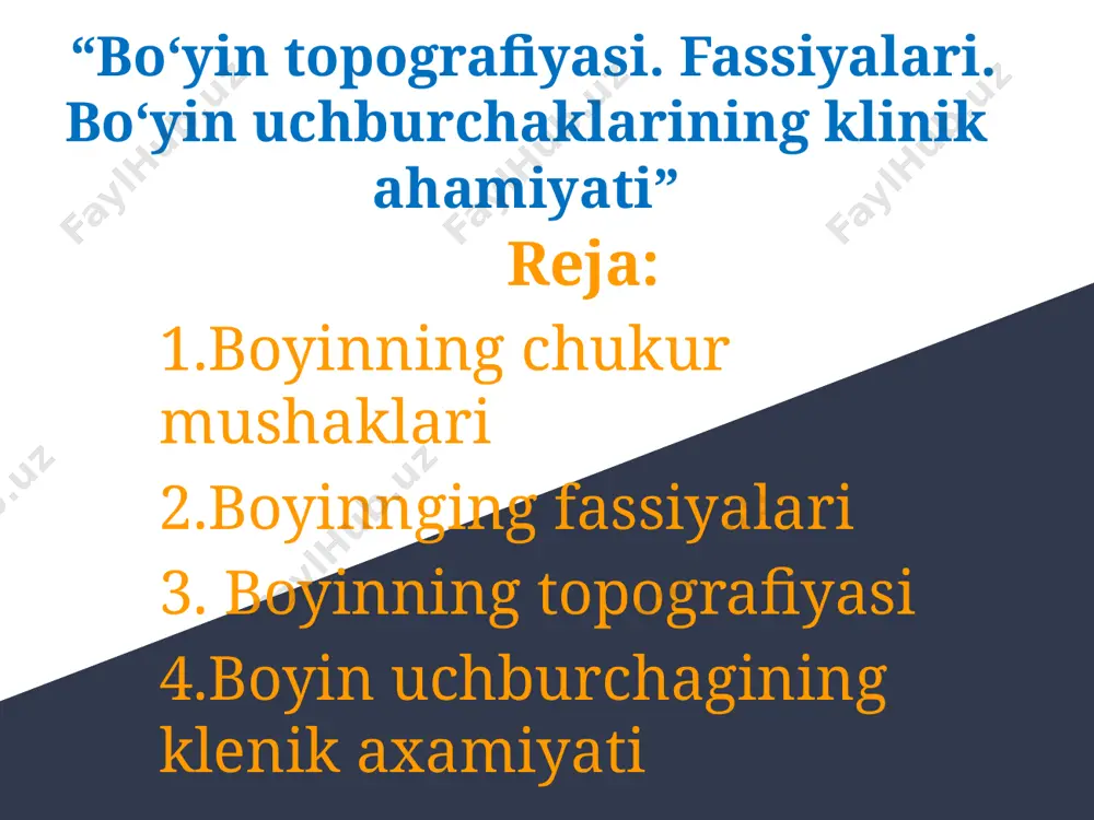 muskul, orqadan trapetsiyasimon muskul bilan chegaralanadi. bundan tashqari, bo'yinning yonbosh uchburchagida narvonsimon muskullar (mm. scalenum anterior, medium et posterior) o'rtasida oldingi (spatium antescalenum) - o'rta oraliqlar (spatium intercalenum) boiib, bulardan qon tomirlari va yelka chigali nervlari o'tadi. bo'yin fassiyalari bo'yin sohasidagi a'zolar, qon tomir va nervlar, muskullar 5 ta fassiya (fasciae colli) bilan o'ralgan (v.n. she vkunenko). bo'yinning yuza fassiyasi (fascia colli superficialis) teri ostida yupqa varaq holida joylashgan. teri osti muskulini (m. platysma) o'rab, yuqoridan yuz fassiyasiga, pastdan ko'krak fassiyasiga o'tib ketadi. bo'yin xususiy fassiyasining yuza varag'i (lamina superficialis fascia colli propria) pastki jag' bilan to'sh suyagi dastasi va o'mrov suyaklari oralig'ida tortilib joylashib, bo'yinni hamma tomondan o'rab turadi. ■ bo'yin ma'lum tuzilmalar va chegaralarning joylashishiga qarab bir nechta uchburchaklarga bo'linadi. ushbu bo'yin uchburchaklari turli xil sharoitlarni tushunish va tashxislash nuqtai nazaridan klinik ahamiyatga ega. bu yerda asosiy bo‘yin uchburchaklari va ularning klinik ahamiyati keltirilgan: ■ 1. oldingi uchburchak: …
