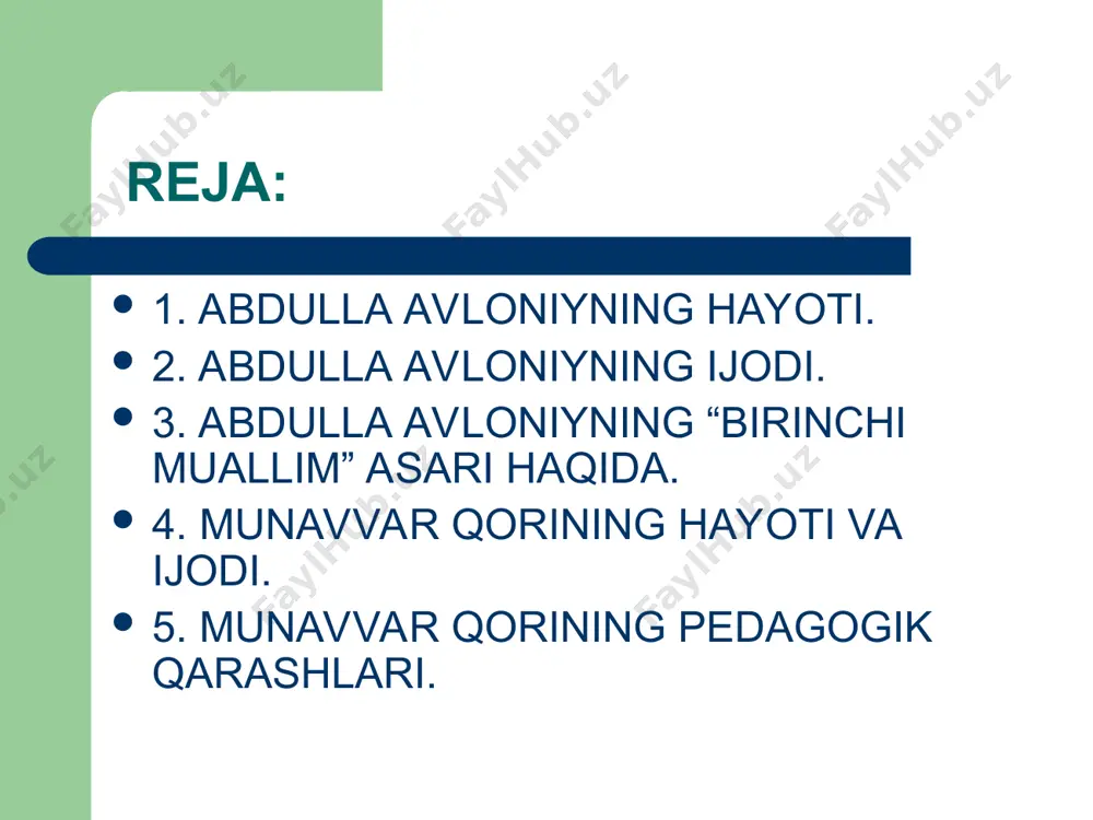 ssadan-hissa” chiqariladi. yozuvchi bu asarida xalq og’zaki ijodidan keng foydalangan. a. avloyning “bahor keldi”, “bulbul”, “ bola ila gul”, “yolg’onchi cho’pon”, “tulki ila qarg’” kabi juda ko’p sherlari kichik yoshdagi bolalarga bag’ishlangan. jamoatchi muallim avloniy o’zbek adabiyotida dramma janrining rivojlanishiga ham katta hissa qo’shdi. uning “ advakatlik osonmi?”, “pinak”, “biz va siz” pyessalari adabiyotimiz tarixida o’chmas iz qoldirdi. a. avloniy 1934-yilda vafot etgan. u marifatchi shoir, drammaturg, jurnalist, rejissior, tarjimon, aktiyor, jamoatchi muallim sifatida xalqimiz qabilida mangu saqlanib qoladi. munavvar qori abdurashidxonov (1878 - 1931) cho’q munavvar etdi olamni munavvar qorimiz, ko’rdimiz ravshanligidan fe’limiz, atvorimiz. ibrat oling, yoshlar, deb to’kdi ko’zdin yoshlar, nutqida tahrir etib bizlarni yo’qu borimiz. tavallo adib, murabbiy, muharrir, ma'rifatparvar, jamoat arbobi adib, murabbiy, muharrir, ma'rifatparvar, jamoat arbobi munavvar qori abdurashidxon o'g'li 1878-yilda toshkent shahrining shayx xovand tohur dahasi darxon mahallasida mudarris oilasida tug'ildi. toshkentdagi yunusxon madrasasida o'qidi, so'ngra tahsilini buxoroda davom ettirdi, toshkentga qaytgach, darxon masjidida …