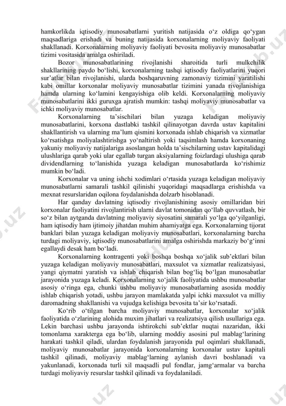 yana bir rus iqtisodchi olimi s.v.galitskaya quyidagicha ta’rif beradi. moliyaviy menejmentni korxonalarni barcha turdagi vositalari (aktivlari) va ularni kelib chiqish manbalarini (passivlarni) boshqarish, deb tushunish lozimligini ta’kidlaydi. uning fikriga ko‘ra moliyaviy menejmetning asosiy maqsadi korxona egalarining moliyaviy holatini oshirish hisoblanadi. s.b. pryanichnikovning bergan tarifiga ko‘ra, korxonalarda moliyaviy munosabatlar va xo‘jalik moliyaviy faoliyatini boshqarish bevosita moliyaviy menejmentning funksiyalari orqali amalga oshiriladi, shuning uchun ham moliyaviy menejmentni xo‘jalik sub’ektining moliyaviy resurslarini shakllantirish, taqsimlash va ulardan foydalanishni boshqarish tizimi deb tushuniladi. olimning ta’kidlashicha, moliyaviy menejmentning asosiy maqsadi korxonaning bozor qiymatini maksimallashtirish hisoblanadi. yuqoridagi olimlarning bergan tariflariga yondashgan holda, bizning fikrimizcha: moliyaviy menejment – korxonalarning joriy va strategik maqsadlarini ishlab chiqish va amaliyotga tadbiq qilish, tahlil, bashoratlash va rejalashtirish kabi funksiyalarni amalga oshirish, moliyaviy resurslarni shakllantirish va ulardan samarali foydalanish jarayonlarini boshqarishdir. shu narsani ham ta’kilab o‘tish kerakki moliyaviy menejment fani, boshqa barcha iqtisodiy fanlar bilan chambarchas bog‘liqdir. shundan kelib chiqqan holda moliyaviy menejment …