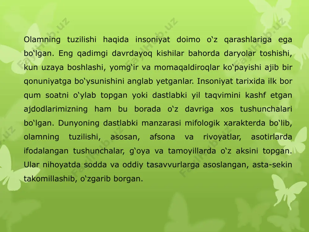 bilishning turli sohalari uchun umumiy asos, doim nazarda tutiladigan hamda aksioma tarzida qabul qilinadigan xulosa, abadiy haqiqat rolini o‘taydi. bugungi kunda fanning turli sohalarida tadqiqot olib borayotgan izlanuvchilar yerning quyosh atrofida aylanishi. butun olam tortishish qonuni, suvning 100° da qaynashi, avagadro sonining mikdorini tekshirnb o‘tirmaydilar. balki o‘z tadqiqotlarida shu sohadagi bilimlarga tayanadilar, xolos. «dunyoning ilmiy manzarzsi» tushunchasi paradigma xususiyatiga ega, u olam xaqidagi umumiy jihatlarni, bilishning maqsad va tamoyillarini belgilaydi. mazkur tushunchaning ilmiy tadqiqotlar olib borish rejalari hamda izlanishlarning maqsad va vazifalarini belgilay oladigan psixologik, me’yoriy xususiyatlari to‘grisida ham gapirish mumkin. “dunyoning ilmiy manzarasi” tushunchasiga xos xususiyatlar to‘g‘risida turli soha mutaxassislari turlicha fikr yuritadilar. masalan, tabiatshunoslar masalaga fizika va astronomiya nuqtai nazaridan yondashadilar, olamning xilma-xil modellarini, matematik, geometrik yoki trigonometrik formulalarini yaratadilar. bunda olam yashashining asosiy shakllari bo‘lgan makon, maydon, zamon kabilarga alohida e’tibor beriladi. olamning bu sohada e’tirof qilinadigan har qanday shakldagi manzarasida energiyaning saqlanishi, entropiyaning doimiyligi va boshqa …