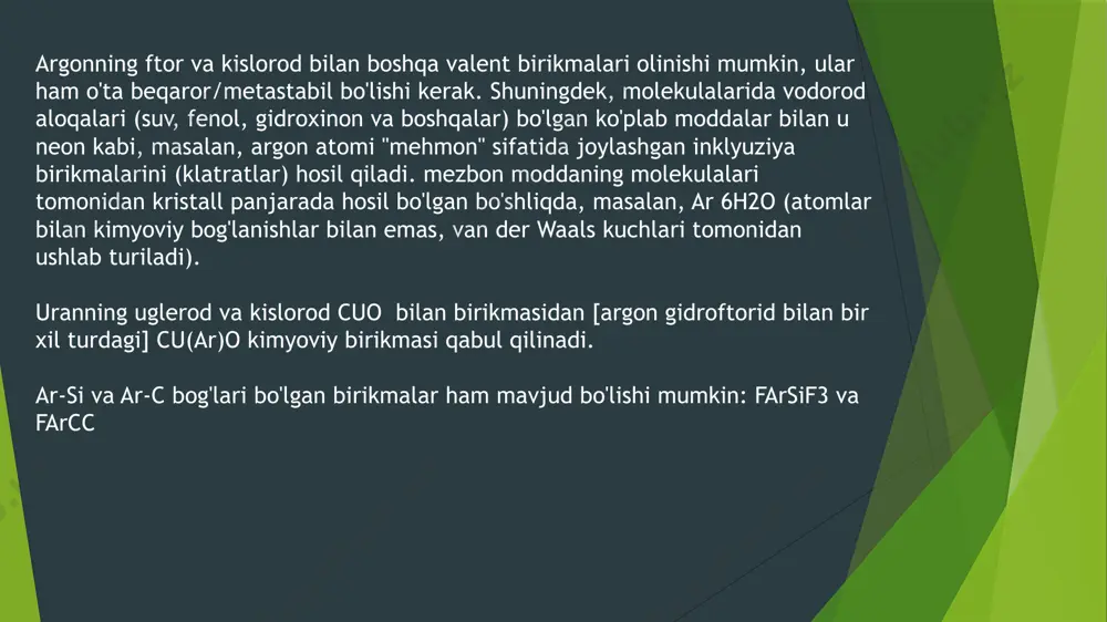argon elementining xossalari, ishlatilishi sohalari - Page 5