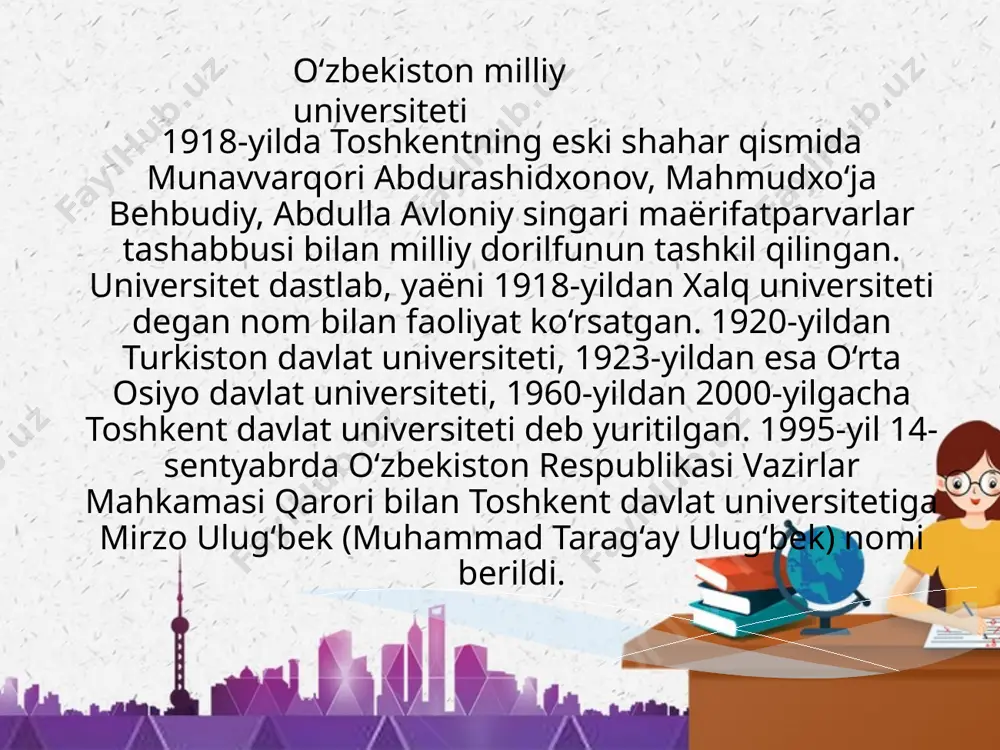 atu) deb atala boshlandi. 2005 yil - qarshi, nukus, samarqand, urganch va farg‘ona shaharlarida tatu mintaqaviy filiallari tashkil etildi. toshkent axborot texnologiyalari universiteti toshkent axborot texnologiyalari universiteti (sobiq toshkent elektrotexnika aloqa instituti) 1955-yilda tashkil topgan. 2002-yil 30-may kuni o‘zbekiston respublikasi prezidenti pf-3080 farmoniga binoan toshkent axborot texnologiyalari universitetiga aylantirildi. 2005-yil 2-iyun kuni o‘zbekiston respublikasi prezidenti pq-91 sonli qaroriga tatuning qarshi, samarqand, urganch va farg‘ona shaharlarida mintaqaviy filiallar tashkil etilgan. o‘zbekiston respublikasi prezidentining 2013-yil 26-martdagi "axborot-kommunikatsiya texnologiyalari sohasida kadrlar tayyorlash tizimini takomillashtirish to‘g‘risida”gi pq-1942 sonli qaroriga muvofiq so‘ngi yillar ichida xalqaro standartlari darajasida akt sohasida yuqori malakali mutaxassislar tayyorlash tizimini mutlaqo yaxshilash bo‘yicha bir qator tadbirlar o‘tkazildi. universitet 26 nafar xorijiy davlatlarning (janubiy koreya, yaponiya, germaniya, frantsiya, xindiston va x.k.) 42 universitet, 8 ilmiy-tadqiqot markazlar, 12 korxonalar va tashkilotlar bilan hamkorlik o‘rnatdi. xalqaro hamkorlik natijasida so‘nggi yillarda 16 ta o‘quv laboratoriyalar, 9 kompyuter sinfi, 4 markaz – o‘zbek-hind axborot texnologiyalari markazi, …
