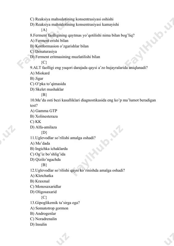 ’dada d) ingichka ichaklarda {d} 16. trigliseridlarning biologik roli nimaga asoslanadi? a) boshqaruvchi b) energetik c) gormonal d) lipotrop {b} 17.hujayra membranalari orqali suv harakatlanishini belgilovchi asosiy ion? a) natriy b) kalsiy c) magniy d) vodorod {a} 18. asidoz ni aniqlash uchun tekshiriladi? a) ph miqdori b) xloridlar c) kaliy d) natriy e) magniy {a} 19. inson arterial qonini ph me’yori? a) 6,8 b) 6.0 c) 7.4 d) 5.0 {c} 20. gipofiz oldingi qismda hosil bo’ladi? a) vazopresin b) aktg c) tiroksin d) glyukagon {b} 21. glyukokortikoidlarga kiradi? a) glyukagon b) aktg c) vazopresin d) kortizol {d} 22. katexolaminlarga kiradi? a) adrenalin b) gistamin c) vazopresin d) geparin {a} 23. raxit qaysi vitamin etishmaganda rivojlanadi? a) vitamin c b) vitamin b1 c) vitamin b12 d) vitamin d {d} 24. ovqat tarkibida askorbin kislota tanqisligi nimaga olib keladi? a) birmer kassaligiga b) xilez c) beri-beri kassaligiga d) singa {d} 25. makroenergetik …