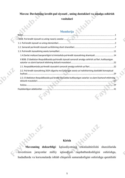 davlatning kredit-pul siyosati — DOC