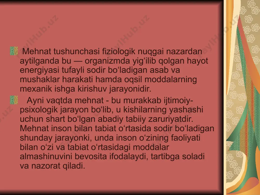 texnologiya jarayonini, belgilangan dasturni bajarishning borishini kuzatish; tartibga solish funksiyasi - berilgan dasturni tuzatish, unga aniqlik kiritish. «mehnatni tashkil qilish» tushunchasining paydo bo‘lish tarixiga to‘xtalgandi, albatta, ushbu masalaning asoschisi sifatida f. teylorning (1856-1915) nomi tilga olinadi. f. teylor mehnatni «ilmiy boshqarish» muammosini amaliy jihatdan asoslab bergan bo‘lib, u iqtisodiyotda muhim o‘rin tutadi. ammo, f. teylor ko‘zda tutgan fan sohasini iqtisodiyotda haddan tashqari toraytirib qo‘ygan. «oqilonalashtirish» atamasi mazkur fanni to‘g‘ri nomlash muammosini murakkablashtirdi, bu atama dastlab germaniyada qo‘llanilgan bo‘lib, keyinchalik u muayyan darajada boshqa mamlakatlarga ham yoyildi. mazkur atama shu qadar noaniq va umumiy tusdagi mazmunga egaki, uni har qanday yaxshilanishga nisbatan qo‘llash mumkin. shuni ham aytish kerakki, rivojlangan xorijiy mamlakatlarda hozirgi vaqtda «mehnatni ilmiy tashkil etish» yoki «mehnatni tashkil etish» atamalari deyarli qo‘llanilmayapti. mehnat faoliyatining asoslari