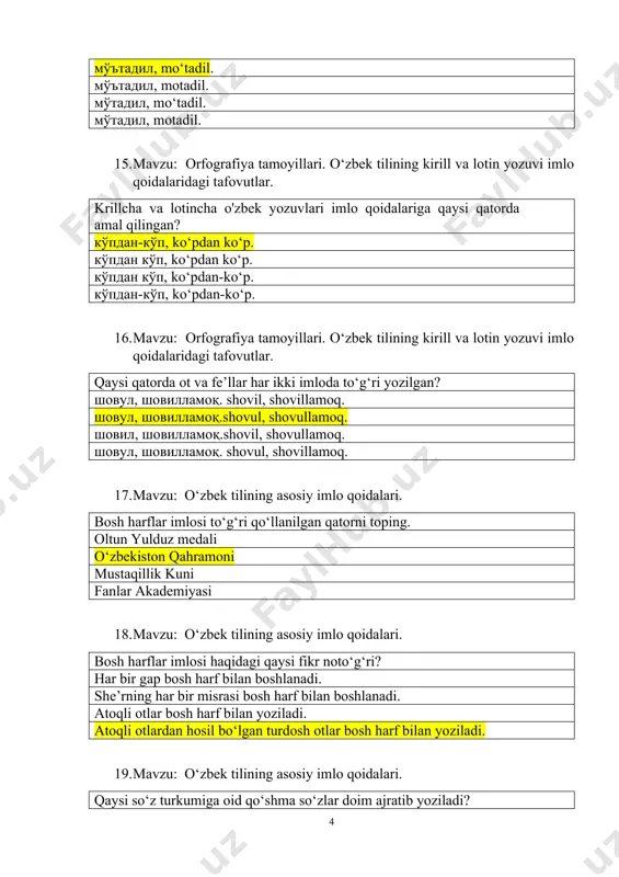 ilshunosligida tinish belgilarining nechta turi grafikaning markaziy tizimiga kiradi? 9 ta 5 ta 10 ta 12 ta 25. mavzu: o‘zbek punktuatsiyasi tarixi. o‘zbek yozma nutqida tinish belgilarining qo‘llanilishi uyushiq bo‘laklardan oldin kelgan umumlashtiruvchi so‘zdan so‘ng qo‘llaniladigan tinish belgisi nomini ko‘rsating. vergul ikki nuqta nuqtali vergul qavs 26. mavzu: o‘zbek punktuatsiyasi tarixi. o‘zbek yozma nutqida tinish belgilarining qo‘llanilishi fikrning tugallanmaganligini ko‘rsatish uchun yozuvda qanday tinish belgisi ishlatiladi? undov va so'roq belgilari nuqtali vergul ikki nuqta ko‘p nuqta 27. mavzu: o‘zbek punktuatsiyasi tarixi. o‘zbek yozma nutqida tinish belgilarining qo‘llanilishi takrorlangan yo, yoki, goh, dam, ba’zan bog‘lovchilari yordamida bog‘langan uyushiq bo‘laklar orasiga qanday tinish belgilari qo'yiladi? nuqta vergul tire ikki nuqta vergul 28. mavzu: o‘zbek tilining asosiy imlo qoidalari. chiziqcha bilan yozish qoidasi qaysi qatorda buzilgan? el-yurt yozdi-oldi do‘st-u dushman otayu-ona 29. mavzu: o‘zbek tilining asosiy imlo qoidalari. qaysi qatorda chiziqcha bilan yozish qoidasi buzilmagan? 1000 yil taq-taqlamoq ix-sinf aytdi qo‘ydi 30. mavzu: …