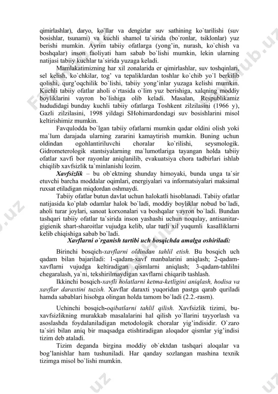 liyat ko`rsatuvchi muhitga ta`sir etish xarakteri bilan farq qiladi. shunga mos holda, favqulodda holatlar o`zining bir necha belgilari asosida tasniflanishi, sistemalashtirilishi mumkin. ular genezis xarakteriga (favqulodda holatlarni hosil bo`lish sabablariga ko`ra), rivojlanish sur`atiga, xavfni (tarqalish tezligi) va favqulodda holatlar oqibatlari og’irligini hisobga olgan holda, zarar keltiruvchi omillarini tarqalish masshtabiga ko`ra tasniflanadi. favqulodda holatlar yuzaga kelish sabablariga ko`ra tabiiy ofatlar, texnogen halokatlar, antropogen va ekologik halokatlar va ijtimoiy - siyosiy mojarolar ko`rinishida bo`lishi mumkin. tabiiy ofatlar - xavfli tabiiy hodisalar va jarayonlar bo`lib, ular favqulodda yuz berib, insonlarning kundalik hayot tarzini buzilishiga, qurbonlar sodir bo`lishiga, moddiy boyliklarni yo`qotilishiga olib keladi. ularga er qimirlashlar, suv bosimlar, vulqonlar, tsunami (okeanda suv osti zilzilasi yoxud vulqonlarning otilishidan hosil bo`ladigan ulkan to`lkinlar), sel oqimlari, bo`ronlar, o`rmon va torf yong’inlari, qor bosishlari, tosh ko`chishlari, qurg’oqchilik, uzoq muddatli yog’ingarchilik, qattiq sovuq, epidemiya, o`rmon va qishloq xo`jaligi zararkunandalarining ommaviy tarqalishi kabilar kiradi. tabiiy ofatlar hayvonlarning tez harakatlanishi (er …