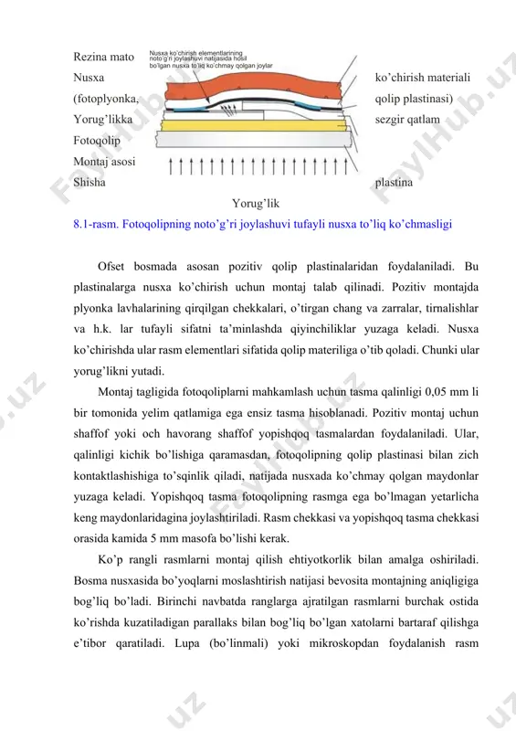hga e’tibor qaratiladi. lupa (bo’linmali) yoki mikroskopdan foydalanish rasm elementlarining kattalashuvi tufayli montajni aniqroq amalga oshirishga imkon beradi. 2. sahifalar spuski va montaji fotoqoliplarni montaj qilish jarayonida ular varaqli shaffof taglikda joylashtiriladi va mahkamlanadi. uning o’lchamlari bosma taboq o’lchamlariga mos keladi. berilgan ketma-ketlikda va orientatsiyada to’liq sahifali fotoqoliplarni joylashtirish, shuningdek, bosma taboqda alohida sahifalarni aniq joylashtirish quyidagi omillarni hisobga olgan holda amalga oshirilishi kerak (bundan tashqari montaj tayyorlashda texnologik jarayonlarni nazorat qilish va boshqarish uchun qo’llanadigan boshqa test-ob’ektlarni ham qo’shimchao’rnatish kerak): · bosish usuli (avtotip bosma usullari uchun rastrlangan fotoqoliplar, chuqur bosma uchun ko’p tusli fotoqoliplar; bevosita bosish usullari uchun to’g’ri tasvir, bilvosita usullar uchun ko’zguli tasvir; pozitiv nusxa ko’chirish uchun pozitiv fotoqoliplar, negativ nusxa ko’chirish uchun negativ fotoqoliplar); · bosma uskunasining turi (varaqli bosma uskunalarida varaqni forgreyferda ushlash uchun varaqning chekkasi; grafeykalar chekkalari, tasma o’tkazuvchi roliklar uchun maydon, moslashtirish belgilari, rulonli bosma uskunalari uchun namlik ta’siri ostida materiallarning bo’kishi …