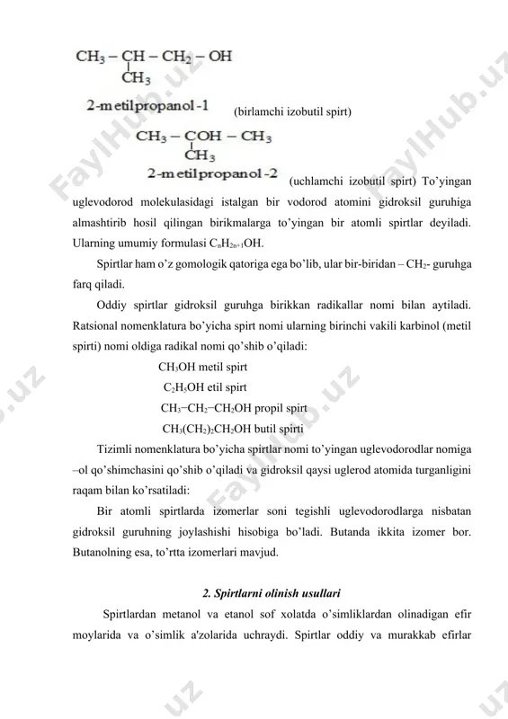 pirtlarning kimyoviy xossalari spirtlarda oh- guruhiga almashinish reaksiyalari, oksidlanishi. eterifikatsiya reaksiyalari. spirtlarning suvli eritmalari neytral reaksiyaga ega. spirtlar turli hil kimyoviy reaksiyalarga kirishadi. ularning reaksiyalari quyidagi guruhlarga bo’linadi. 1.gidroksil guruhdagi vodorod atomiga xos reaksiyalar. a) spirtlarga ishqoriy metallar ta'sir ettirilganda, ularning gidroksil guruhidagi vodorod atomini siqib chiqarib, alkogolyatlar hosil qiladi: alkogolyatlar beqaror moddalar bo’lib, suv ta'sirida oson parchalanadi va qaytadan spirt hosil bo’ladi. b) spirtlarga organik kislotalar ta'sir ettirilganda ular gidroksil guruhidagi vodorod atomini kislota qoldig’iga almashtirib murakkab efirlar hosil qiladi. bu reaksiya eterefikatsiya reaksiyasi deyiladi. 2. gidroksil guruhning xossalariga asoslangan reaksiyalar. a) spirtlarga galogenid kislotalar yoki fosforning galoidli birikmalari ta'sir ettirilganda spirtning gidroksil guruhi galogen atomiga almashinadi: v) degidratlanish reaksiyalari. spirtlarni ko’p miqdordagi konsentrlangan sulfat kislota ishtirokida 1400c dan yuqori haroratda qizdirilsa, etilen uglevodorodlari hosil bo’ladi. masalan: boshqacharoq sharoitda spirtlar molekulalararo degidratlanganda, ularning ikki molekulasidan suv ajralib chiqib oddiy efirlar hosil bo’ladi. masalan, mo’l miqdorda etil spirti h2so4 ishtirokida …