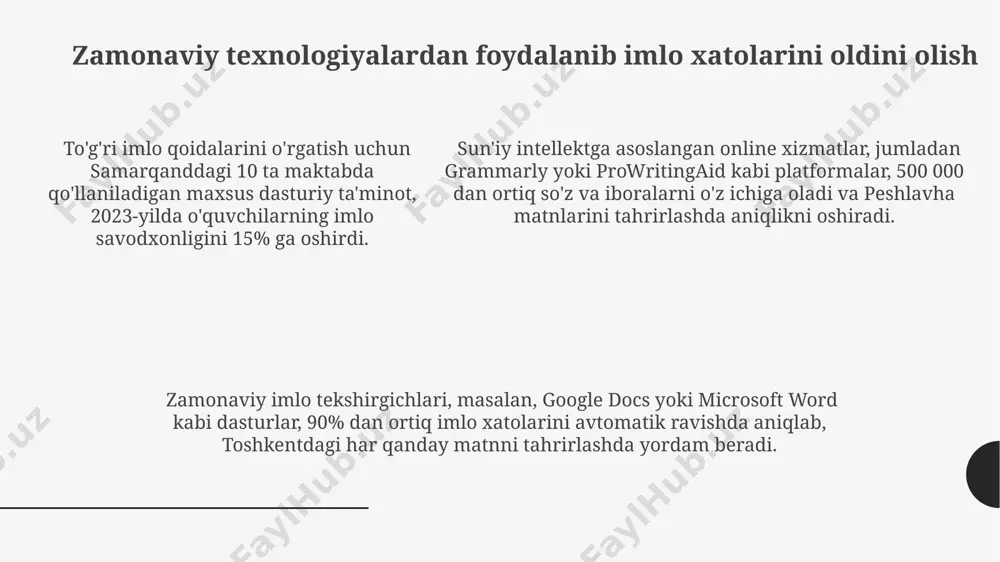 if qilishi mumkin. imlo nazorati dasturlari, masalan, grammarly yoki prowritingaid kabi vositalar, 20 dan ortiq tilni qoʻllab-quvvatlab, 5000 dan ziyod xato turini aniqlay oladi, ammo ba’zi nostandart soʻzlarni yoki mahalliy shevalarni toʻgʻri aniqlay olmasligi mumkin. onlayn imlo tekshirgichlarning qulayligi va tezkorligi (masalan, google docs ichidagi imlo tekshiruvi) bilan birga, ularning ba’zi cheklovlari, xususan, murakkab grammatik tuzilmalarni yoki oʻzbekistonning turli hududlariga xos imlo xususiyatlarini aniqlashdagi qiyinchiliklari mavjud. e'tiboringiz uchun rahmat @taqdimot_robot