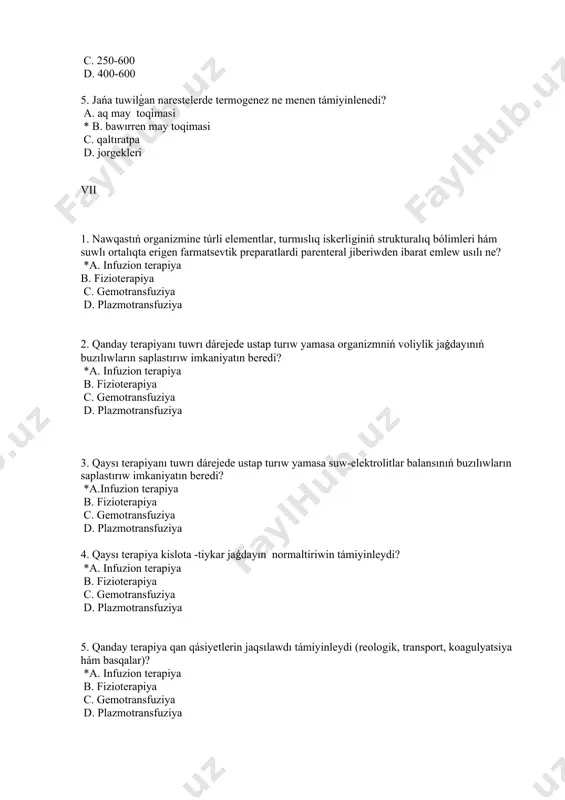 etapında,kristalloid hám kolloid eritpelerdiń infuziyası (poliglyukin, reopoliglyukin, jelatińol, ringer eritpesi, natriy xloridtıń izotonik eritpesi) ótkeriledi 1500 ml/saatına tamır ishine? a. gospital *b.gospitalga shekem c. ótkizilmeydi d. en keyingi gezekte 2. shok jagdayında meditsinalıq járdemnin qaysı etapında, kritik jagdaydagı nawqaska ókpe jurek reanimatsiya ilajları ótkeriledi (traxeya intubatsiyası, oraylıq vena hám quwıqtıń kateterizatsiyası, plevral boslıqtı punksiya qılıw hám drenajlaq, traxeostomiya)? *a. gospital b.gospitalga shekem c. ótkizilmeydi d. en keyingi gezekte 3. qanday jagdaylarda maska yamasa nazofaringeal katetr járdeminde kislorod ingalyasiyası ótkeriledi (spontan dem alısı saqlangan bolsa)? a.esten tanıw *b.gipoksiya c.koma d.klinik ólim 4. qanday jagdaylarda maska yamasa nazofaringeal katetr járdeminde kislorod ingalyasiyası ótkeriledi (spontan dem alısı saqlangan bolsa)? a.esten tanıw *b.respirator atsidoz c.koma d.klinik ólim 5. qanday jagdaylarda ókpenin járdemshi ventilyasiyası yamasa jasalma ventilyasiyası ótkeriledi, 50% kislorod-xawa aralaspası menen basım 10 sm. suw.pg tómen bolmawı (respiratordagı manometr járdeminde qadagalap barıw), sebebi ókpe qan agısınıń paseyiwi hám venalıq qaytımnın azayıw qawipi payda bolıwı? …