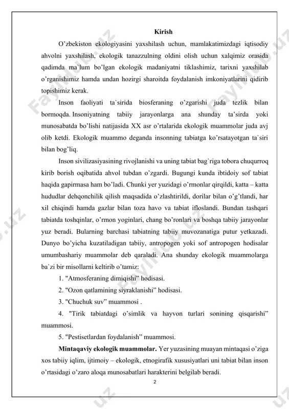 g muayan mintaqasi o’ziga xos tabiiy iqlim, ijtimoiy – ekologik, etnogirafik xususiyatlari uni tabiat bilan inson o’rtasidagi o’zaro aloqa munosabatlari harakterini belgilab beradi. 1.o’zbekistonda iqlim o’zgarishi va uning ta’siri 1. iqlim o’zgarishi nima? iqlim o’zgarishi — bu yer yuzasidagi iqlim tizimining uzoq muddatli o’zgarishi, odatda o’rtacha haroratning ko’tarilishi, yomg’irlar va ob-havo holatidagi o’zgarishlar bilan bog’liq. global iqlim o’zgarishlari natijasida atmosferada issiqxona gazlarining ortishi kuzatilmoqda, bu esa iqlimning isishiga olib keladi. 2. o’zbekistonda iqlim o’zgarishining sabablari o’zbekistondagi iqlim o’zgarishining asosiy sabablari quyidagilardan iborat: • issiqxona gazlari emissiyasi: o’zbekiston sanoat va transport sektorlarida ko’p miqdorda issiqxona gazlarini chiqaradi. bu gazlar (xususan, karbon dioksid (co2) va metan (ch4)) atmosferaga kirib, yer yuzidagi haroratning ortishiga olib keladi. • orol dengizining qurishi: orol dengizining qurishi, iqlimning o’zgarishiga alohida ta’sir ko’rsatadi, chunki bu hududda havoning harorati o’zgaradi va mo’’tadillik buziladi. • qishloq xo’jaligi faoliyati: qishloq xo’jaligida pestitsidlar, o’g’itlar va suvni noto’g’ri ishlatish iqlimning o’zgarishiga qo’shimcha ta’sir …