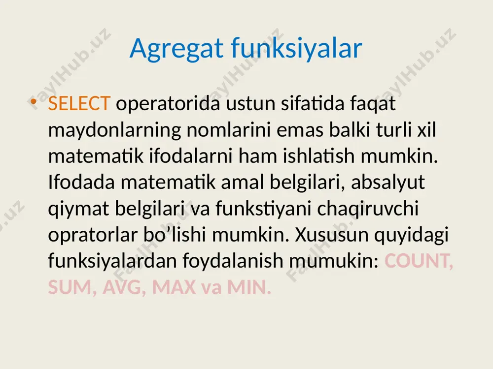 anlanadi. select max(zip) from regions where region is not null having kalit so’zi having kalit so’zi group by qatnashgan so’rov bajarilgandan keyin qatorlarni tanlash uchun ishlatiladi. uning ishlashi where ga o’xshab ketadi. where faqat dastlabki jadval bilan ishlaydi, having esa select bajarilgandan keyingi natija bilan ishlaydi. having kalit so’zi ishlatilishiga doir misol keltiramiz: bu operatorda "a" harfi bilan boshlanuvchi bir familiyalilar soni hisoblanadi. bu misolni boshqacha yozish ham mumkin select lastname, count(*) from staff where lastname like 'a%‘ group by lasthame select lastname, count(*) from staff group by lastname having lastname like 'a%' order by amali order by amali tanlangan naborni tartiblashtirish uchun ishlatiladi. masalan: bu so’rov bajarilishi natijasida staff jadvali familiya, ism va sharif bo’yicha tartiblangan holda chiqariladi. select * from staff order by lasthame, firstname, fathername ichma-ich so’rovlar ichma-ich so’rovlar — bu shunday select operatorlariki, where kalit so’zidan keyin ham select operatori ishlatiladi. select * from exam_marks where …