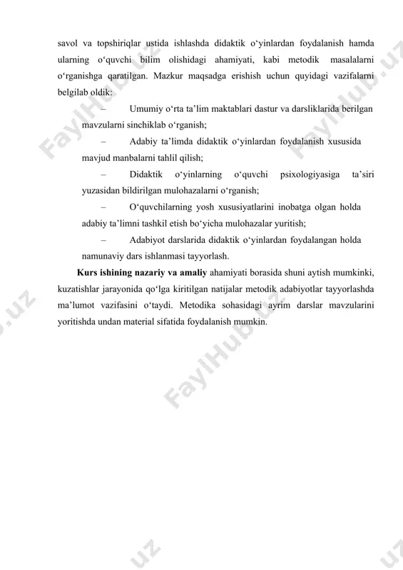 a’lumot vazifasini oʻtaydi. metodika sohasidagi ayrim darslar mavzularini yoritishda undan material sifatida foydalanish mumkin. i bob. adabiyot darslarida didaktik o‘yinlarni tashkil qilish 1.1. uzluksiz adabiy ta’limda didaktik o‘yinlarni o‘rganishning ahamiyati hozirda ta’lim sohasida amalga oshirilayotgan, barcha islohotlarning mazmun-mohiyati bir narsaga, ya’ni ta’limning sifatini oshirish, dars jarayonida kam kuch sarflab, ko‘proq samaradorlikka erishishga qaratilgan. biz ham ushbu nazariyani esdan chiqarmagan holda, ilmiy-nazariy adabiyotlardan metodologik manba sifatida foydalanib, belgilangan mavzu yuzasidan interfaol dars ishlanmalar, mavzu mazmunini ochib beruvchi vedio roliklar ishlab chiqishga harakat qildik. o‘quvchilar diqqatini dars jarayoniga jalb qilish, berilayotgan ma’lumotlarni ular ongiga tez va oson yetib borishini ta’minlash maqsadida, axborot texnologiyalari faolligini birinchi darajaga olib chiqishga harakat qildik. bu kurs ishi orqali axborot texnologiyalari yordamida faqatgina adib ijodi haqida ma’lumot berish emas, balkim o‘quvchilarning og‘zaki va yozma nutqlarini shakllantirish, asar qahramonlariga xolisona baho bеra olish malakalarini rivojlantirish, adib asarlarida ilgari surilgan umumbashariy g‘oyalarning tub mohiyatini to‘g‘ri tahlil qilish usullari ishlab …