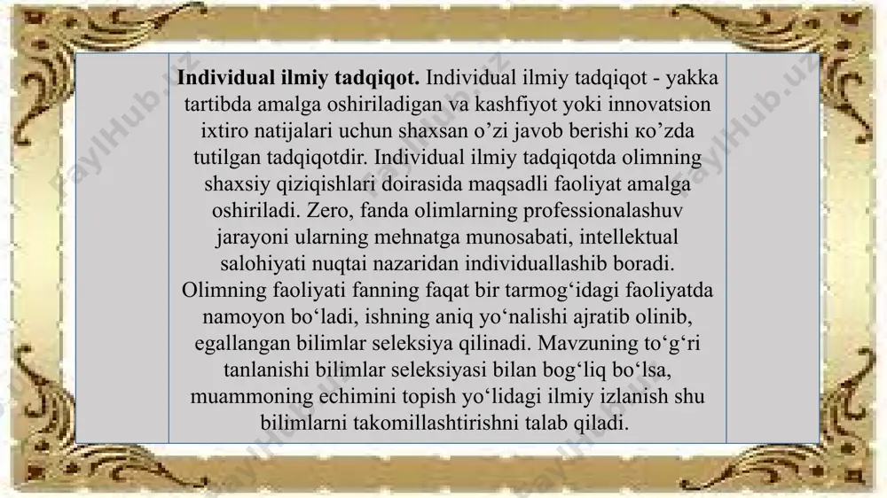 vositalardan yangicha sharoitlarda foydalanish ham mumkin. ikkinchi bosqich - nafaqat o‘zi uchun, balki boshqalar uchun ham yangilikni kashf etish, ya’ni novatorlikda namoyon bo‘ladi. ilmiy tadqiqot natijalarini ifodalovchi tezis,maqola,monografiyalarni tayyorlashda bilimning ahamiyati va ularning taqdimoti. bilim — kishilarning tabiat jamiyat hodisalari haqida hosil qilgan voqelik maʼlumotlar va ilmning inson tafakkurida aks etishi. kundalik tasavvurimizda nimaning nima ekanligiga ishonsak va bu ishonchimiz biz odatlangan voqea va hodisalarga (qoidalarga) zid kelmasa bunday ishonch bilim hisoblanadi. voqelik haqidagi bilgan maʼlumotlarimiz bilim darajasiga koʻtarilishi uchun quyidagi shartlarni qanoatlantirishi lozim: birinchidan, bu maʼlumotlarning voqelikka mutanosibligi; ikkinchidan, yetarli darajada ishonarli boʻlishi; uchinchidan, bu maʼlumotlar dalillar bilan asoslangan boʻlishi lozim. tezis (yun. thesis — qoida, isbot) — i) keng maʼnoda — baxeda yoki biror nazariyani bayon qilishda aytilgan har qanday fikr; tor maʼnoda — asosiy fikr, prinsip; 2) mantiqda isbot kilishni talab etuvchi fikr, mulohaza. maqola — publitsistik janr. maqolada ijtimoiy hayot hodisalari chuqur tahlil qilinib, nazariy va …