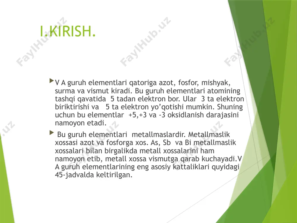 il-qo’ng’ir suyuqlikka aylanadi. suyuqlanish harorati 22,45ºs sovutilsa borgan sari sarg’ish oq, keyin rangsiz bo’ladi. -11,2ºs rangsiz kristall hosil qiladi. isitilganda uning rangi o’zgarib to’qlashadi, 140ºs da qo’ng’ir rangli bo’ladi. no2 ni aralash angidrid deyish mumkin, chunki u suvda eritilganda hno2 va hno3 hosil bo’ladi: 2no2 + h2o= hno3 + hno2 azot (v) oksidi- nitrat angidrid, rangsiz kristall modda, gigroskopik. n2o5 olish uchun nitrat kislotaga p2o5 ta’sir ettiriladi: 2hno3 + p2o5 = 2hpo3 + n2o5 n2o5 nitrat kislotaning angidridi hisoblanadi. uning suvda erishidan nitrat kislota hosil bo’ladi: h2o + n2o5 = 2hno3 n2o5 beqaror modda u xona haroratida parchalanadi va no2 va o2 hosil qiladi: 2n2o5 = 4 no2 + o2 nitrat kislota va uning tuzlari. nitrat kislota. hno3- kuchli kislota bo’lib, och sariq tusli, bug’lanadigan suyuqlik. u 84 os da qaynab, -42os da qattiq holatga o’tadi. konsentrlangan nitrat kislota 63 % li bo’lib, sanoat miqyosida 96%li (=1,45 g/sm3) nitrat kislota …