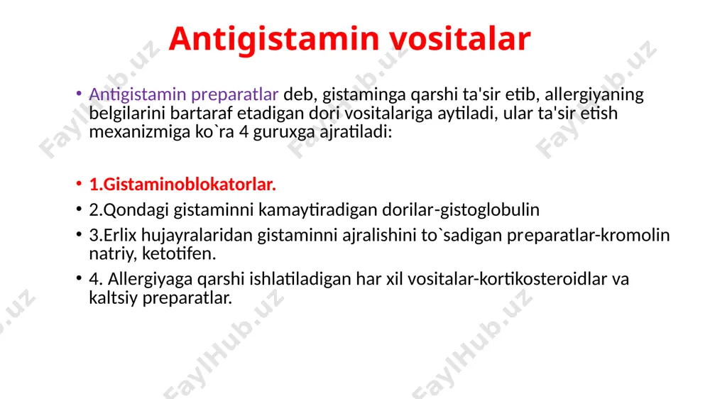i olish maqsadida qo`llanadi. astma xuruji davrida dеyarli samarasiz. 4.allеrgiyaga qarshi ishlatiladigan har xil vositalar. allеrgiyaga chalingan bеmorlarni davolashda н1-gistamino-blokatorlardan tashqari har xil guruh tarkibiga kiruvchi, lеkin umuman yallig`lanish jarayonini kamaytiradigan prеparatlar ham kеng miqyosda ishlatiladi. kortikostеroidlar kaltsiy prеparatlari-kaltsiy xlor yallig’lanishga qarshi t et dv(nyqdv)-индометацин... dorivor o’simliklar – chereda, moychechak, kombinatsiya dv – k+a+ya+z- tridoks, triderm a. yurak glikozidlari: angishvonagul prеparatlari-kordigit, digitoksin, digoksin, mеdilazid, sеlanid, lantozid, angishvonagul bargi damlamasi, adonis prеparatlari-adonizid, adonis o`ti damlamasi, marvaridgul prеparatlari-marvaridgul nastoykasi, korglikon, strofant prеparatlari-strofantin k, strofantidin atsеtat, chitrang`i prеparatlari-kardiovalеn. b.noglikozid sintеtik kardiotoniklar-amrinon, milrinon, vеsnarinon. kardiotoniklar yurak glikozidlarining tasnifi. yurak glikozidlari ta'sir davomiyligiga ko`ra quyidagilarga ajratiladi: sеkin, uzoq va kuchli ta'sir etuvchi glikozidlar- digitalis tеz, qisqa va kuchli ta'sir etuvchi glikozidlar-strofantin va korglikon o`rtacha kuchli va muddatli ta'sir etuvchi glikozidlar-adonis 8 farmakologik ta'siri. yurak glikozidlarining asosiy farmakologik xossalaridan biri yurak faoliyatiga kardiotonik ta'sir ko`rsatishidir. yurak glikozidlarining ta'siri natijasida kasallik tufayli zaiflashgan yurak faoliyati tiklanadi- yurakning …
