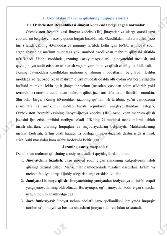 uriyatlarini belgilaydi. mahkumlarning mehnat faoliyati, ta’lim olish huquqi va boshqa ijtimoiy-tuzatish dasturlarida ishtirok etishi kabi masalalar ham ushbu kodeksda keltirilgan. jazoning asosiy maqsadlari ozodlikdan mahrum qilishning asosiy maqsadlari quyidagilardan iborat: 1. jinoyatchini tuzatish: jazo jinoyat sodir etgan shaxsning xulq-atvorini isloh qilishga xizmat qiladi. mahkumlar qamoqxonada tuzatish dasturlari, ta’lim va mehnat faoliyati orqali ijobiy o‘zgarishlarga erishishi kutiladi. 2. jamiyatni himoya qilish: jinoyatchining jamiyatdan izolyatsiya qilinishi orqali yangi jinoyatlarning oldi olinadi. bu, ayniqsa, og‘ir jinoyatlar sodir etgan shaxslar uchun muhim ahamiyatga ega. 3. jazo funktsiyasi: jinoyat uchun adolatli jazo qo‘llanilishi jamiyatda huquqiy tartibni ta’minlaydi va boshqa shaxslarni jinoyat sodir etishdan to‘xtatadi. 4. reabilitatsiya va reintegratsiya: mahkumning jazo muddati davomida jamiyatga qaytishga tayyorlanishi, ijtimoiy ko‘nikmalarini rivojlantirishi va qayta jinoyat sodir etish ehtimolini kamaytirish. amaliy misol sifatida, jkning 97-moddasiga (qasddan odam o‘ldirish) ko‘ra, og‘ir jinoyat sodir etgan shaxs 7 yildan 15 yilgacha ozodlikdan mahrum qilinishi mumkin. agar jinoyat o‘ta og‘ir holatlarda sodir etilgan bo‘lsa, …