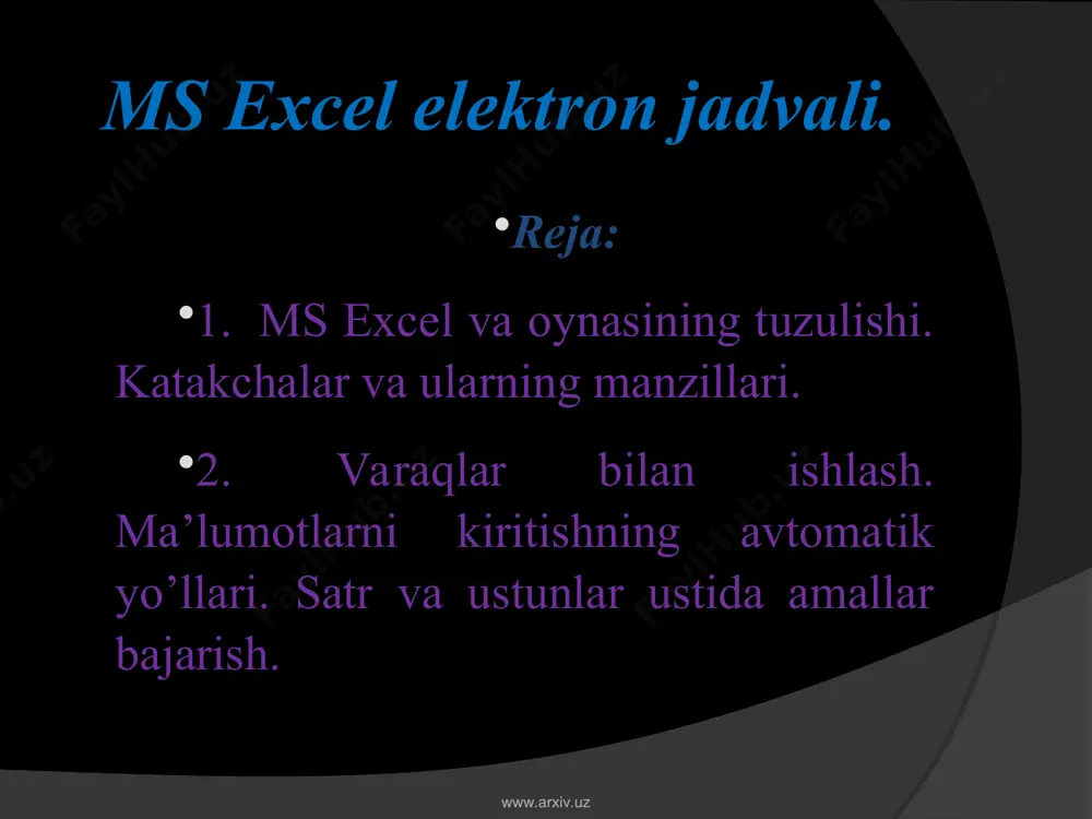 op etish; -faylni manzilga jo‘natish; -jadvalning xossalari; -fayllar majmuasi; -ishni yakunlash; www.arxiv.uz ko‘rinib turibdiki, «fаyl» menyusi bo‘limlarida yuqoridagi kabi amallarni bajarish mumkin bo‘lib, qayd etilgan vazifalar microsoft office guruhidagi dasturlarning barchasi uchun umumiydir. qo‘shimcha «soxrаnit rаbochuyu oblаst … » bandining vazifasi ishlayotgan dasturni ekran uchun joriy dasturga aylantirishdan iborat. «oblаst pechаti» dasturni belgilangan nomini chop etadi. . «prаvkа» bo‘limida (4-rasm) «zаpolnit» va «ochistit» bandlari kataklarni belgilangan yunalishida nusxasini oladi yoki tozalaydi. «udаlit ….» bandi fayl nomini olib «outloock» kitobiga joylashtiradi. «udаlit list» bandi varaqni yuqotadi. qolgan bandlari microsoft office guruhidagi dasturlar uchun umumiy bo‘lgan vazifalarni bajaradi. www.arxiv.uz www.arxiv.uz «vid» menyusi. «obichniy» bandi varaqni excel dasturi uchun tabiiy bo‘lgan ko‘rinishini ekranda hosil qiladi. «rаzmetkа strаnitsi» varag’ini chop etishga tayyorlaydi. «strokа formul» formulalar bilan ishlash satrini ekranda hosil qiladi. «predstаvleniya» bandi faylni chop etishda qo‘shimcha parametrlarini kiritadi. «vstаvkа» menyusi . bu menyuning bandlari katak, satr, ustun va varaq ustida amallar bajarish uchun …