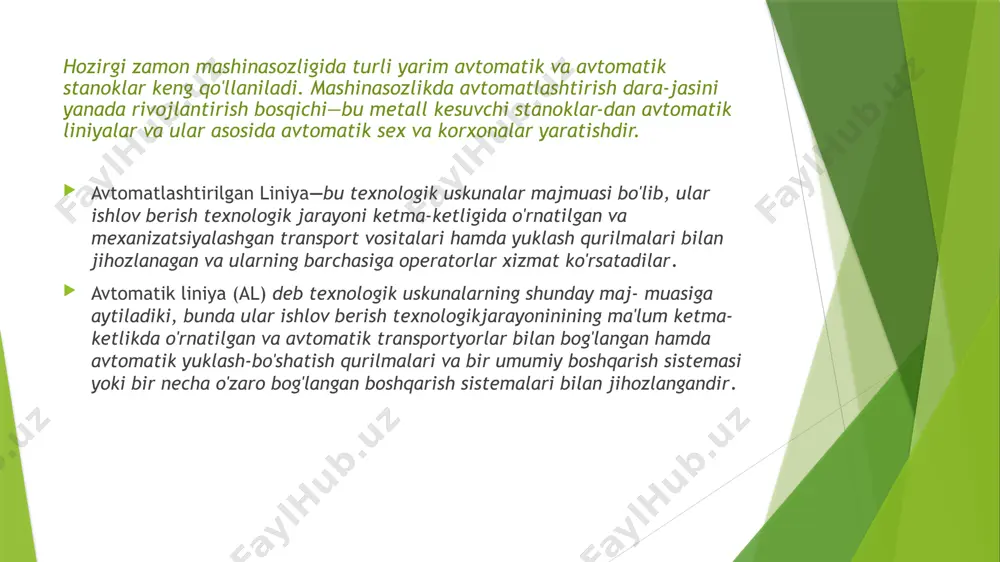 qarish maydonlariga va yor-damchi transport vositalariga ehtiyoj kamayadi, ishlab chiqarish siklining vaqti qisqaradi, ishlab chiqarishning tugallanmagan hajmi kamayadi, ishda ishlab chiqarishning qat'iy ritmi ta'minlanadi. avtomatik liniyalarning kamchiliklari: liniyalarni boshqa detalga yoki boshqa texnologik jarayonga qayta sozlash uchun ko'p mehnat talab qilinishi; biror stanok yoki boshqa tur uskunaning nosozligi tufayli liniya tarkibidagi stanoklardan foydalanish koeffitsiyentining pasayib ketishi; avtomatik liniyalarga xizmat ko'rsatuvchi sozlovchi-laryuqori kvalifikatsiyaga ega bo'lishlarining zarurligi; zagotovkalarga ularning o'lchamlari muayyan va materialining bir turda bo'lishi bo'yicha nisbatan yuqori talablar qo'yilishi va boshqalar. ishlov o'tadigan detallarning turi bo'yicha avtomatik liniyalarning turlari quyidagicha: korpus tipidagi detallar uchun; val (o'q) ko'rinshidagi detallar uchun; disk(tishli g'ildirak)lar ko'rinishidagi detallar uchun; sharikli va rolikli podshipniklar halqaiari uchun; mayda (rolik, shtift, vint va boshqa) detallar uchun; qo‘llaniladigan stanoklarning tipiga qarab avtomatik liniyalar quyi- dagi turlarga bo'linadi: *umumiy foydalaniladigan stanoklardan tashkil topgan liniyalar; *mazkur liniya uchun tayyorlangan maxsus stanoklardan iborat liniyalar; *agregat stanoklaridan tashkil etilgan liniyalar; *raqamli dastur bo'yicha …