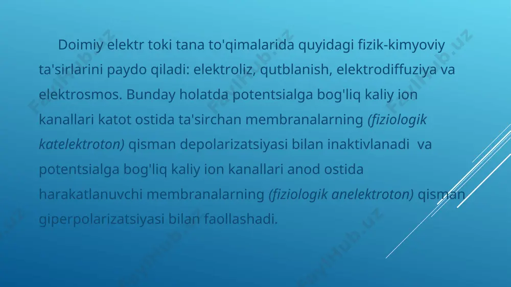 a "va boshqalardan foydalaniladi. eleskulap-1 mustang-melt 2 med- kombi eleskulap -2 endomed 182 intellect-advanced physys qo’llash texnikasi elektrodlarning tasnifi dori-darmonli elektroforez usullarining asosiy xususiyati elektrodning gidrofil prokladka va bemorning terisi orasida 1-2-qavatli filtr qog'ozli (marli) qatlamdan iborat bo'lgan va dorivor moddalarning eritmasida namlangan qatlamga ega bo'lishidir. bo'shliqda bajariladigan muolajalar uchun maxsus elektrod dori moddasining eritmasiga namlanadi. dori moddalar tananing to'qimalariga zaryadi dorivor moddalarning faol qismining zaryadiga to'g'ri keladigan qutbdan kiritiladi. (2.3-jadval). qo'llaniladigan preparat miqdori, odatda, parenteral yuborish va ichish uchun bir martalik dozadan ko'p bo’lmaydi. elektroforez uchun eng ko'p ishlatiladigan dorilar dori vositasi kiritish usuli kation tabiatli [anod (+) dan kiritiladi] dori vositalar psixostimulyatorlar: kofein 5% burginyon bo’yicha nootroplar: pirasetam5%, trental 2% endonazal mahalliy anestetiklar: prokain (novokain)2-5%, trimekain 0,5%, dikain 0,5%,ksikain 2-5%,prokain 1-5%, trimekain 0,5-2% mahalliy, segmentar yallig’lanishga qarshi: gidrokortizon (1 ampuladagi dorini 0,2 % natriy gidrokarbonat yoki ishqorlangan (ph 9.0) suvga eritib), naproksen(distillangan suvda 0,5 g eritiladi), atsetilsalitsil kislota …
