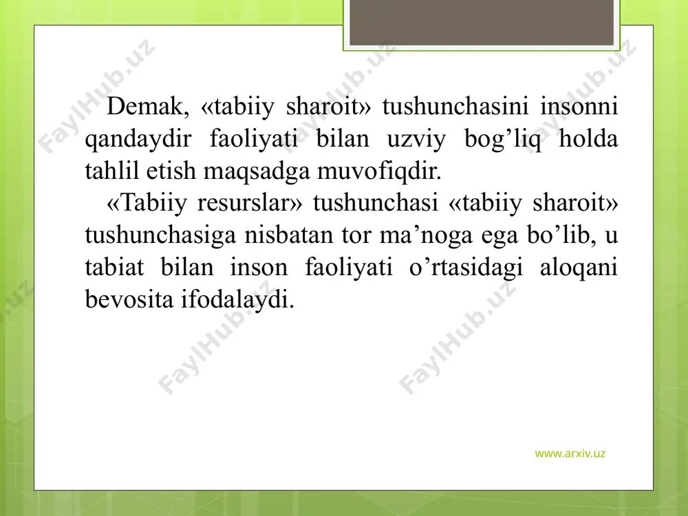 blika uchun hayotiy muhim bo’lgan narsa - bu suv resurslaridir. yer yuzasi suvlari respublika hududi bo’ylab notekis taqsimlangan. o’zbekiston hududining uchdan ikki qismini egallagan keng tekisliklarda suv manbalari juda kam. www.arxiv.uz o’zbekiston sharqidagi tog’ rayonlari esa juda zich daryo tarmoqlari bilan qamrab olingan. suv manbalarining bunday notekis taqsimlanganligi, o’zbekistonning iqlim va geografik xususiyatlari bilan belgilanadi. suv oqimi shakllanuvchi asosiy rayonlar bu tog’li zonalardir, chunki ularga ko’p yog’in tushadi, bug’lanish esa nisbatan kamroq. o’zbekiston daryolarining suv manbai - asosan qor va muzlik suvlaridir. o’zbekistonning, shuningdek o’rta osiyoning eng yirik daryolari - amudaryo va sirdaryodir. amudaryoning umumiy uzunligi 1437 km, sirdaryoniki - 2137 km. www.arxiv.uz har ikki daryo va ularning irmoqlari o’zbekiston tashqarisidan boshlanadi. amudaryo panj va vaxsh daryolari, sirdaryo - norin va qashqadaryoning qo’shilishidan tarkib topadi. uzunligi bo’yicha sirdaryo amudaryodan oshsada, sersuvligi jihatidan unga yetmaydi. www.arxiv.uz www.arxiv.uz o’rta osiyodagi yirik daryolar ikki daryo havzasi: sirdaryo va amudaryoni tashkil etadi. sirdaryo havzasiga …