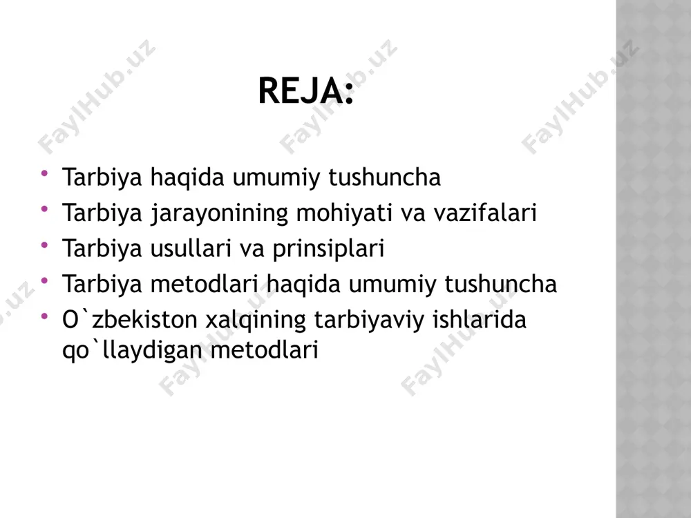 ldirish- foydali odatlarni qaytarish kabilar kiradi. iqtisodiy tarbiya bolalarga oila va maktab sharoitida iqtisodiy tarbiya berish muammosi ko’pdan buyon pedagogikaning asosiy muammolaridan biri bo’lib qolmoqda. bozor iqtisodiyotiga o’tilayotgan bir paytda yoshlarda iqtisodiy tafakkurni tarbiyalash aynqsa muhimdir. iqtisodiy tarbiya yoshlarda tejamkorlik, mehnatsevarlik, tashabbuskorlik, ishblarmonlik, hisob kitoblar haqida fikrlash qobiliyatini kamol toptirishdir ekologik tarbiya insonning atrof-muhitga nisbatan munosabatini tarbiyalashdir. ekologik tarbiya umumiy ta’lim-tarbiyaning yangi qismi bo’lib, maktabda va o’quv yurtlarida barcha fanlarni o’qitishda amalga oshirish ko’zda tutiladi. uning asosiy maqsadi yoshlarda atrof-muhitga ongli munosabatni shakllantirishdan iborat. ekologik savodxonlik va madaniyat birinchi navbatda oiladan boshlanadi. agar oilada bu jarayon shakllanmasa uni maktabda yoki o’quv yurtlarida qaror topdirish qiyin bo’ladi estetik tarbiya estetik tarbiya ancha keng ma`noga ega bo`lib,shaxsni tabiat va jamiyatdagi go`zallik- larini ideal nuqtai nazardan idrok etishni o`rgatadi.estetik rivojlanish bu-shaxsning este- tik ongi,munosabatlari va estetik faoliyatining vujudga kelishi hamda takomillashuvidan iborat,uzoq davom etuvchi jarayondir.bu jara- yon yosh va ijtimoiy omillar bilan belgilanadi, …