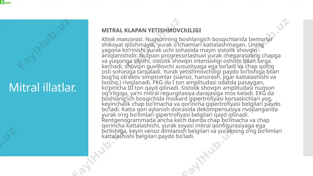 kam uchraydi aortal illatlar klinik manzarasi. aortal yetishmovchilik bjshlang’ich bosqichining bittagina simptomi protodiastolik shovqin hisoblanadi, u chapda ikkinchi-uchinchi qovurgalararo oralig’ida eshitiladi. shikoyatlar paydo bo’lishiga gemodinamikaning ancha ifodalangan o’zgarishlari yuzaga kelganidan dalolat beradi. ulardan eng erta va oziga xosligi tez charchash, hansirash, bosh aylanishi, yurak sohasidagi og’riqlardir. kozdan kechirganda teri qoplamlarining rangparligi, uyqu arteriyalarining kuchaygan pulsasiyasi ("karotid" oyini), cho’qqi turtkisining kuchayishi aniqlanadi. yurakning perkutor chegaralari chapga siljigan. aortal klapan yetishmovchiligi progressirlanishi bilan birga diastolik shovqin intensivligi va davomiyligi kuchayadi, lekin uning tembri ozgarmaydi (yumshoq, oquvchi, guvillovchi yo’ki pishillovchi), tosh suyagining chap tomonidan yurak cho’qqisi tomon tarqaladi, bu yerda ba'zida presistolik shovqin (flint shovqini) eshitiladi. diagnostik jihatdan ahamiyatli periferik simptomlar: tez va baland puls, sistolik arterial bosimning oshishi va diastolikning pasayishi, kapillyar va falanga pulsi va boshq. fkgda shovqin kam registrasiyalanadi, bevosita i tondan keyin boshlanadi, yo’qolib boruvchi xususiyatga ega. ekg da chap qorincha gipertrofiyasi belgilari aniqlanadi, nuqson "mitralizasiyasida" - chap bo’lmachaning …