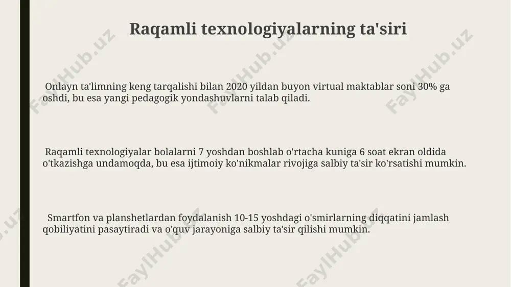 , yangi axloqiy qadriyatlarning paydo bo'lishiga va ko'p madaniyatlilik kontekstida yangi etika tizimining shakllanishiga sabab bo'ladi. zamonaviy axloq normalarida ijtimoiy tarmoqlar ta'siri katta bo'lib, 70% dan ortiq yoshlar o'z qarashlarini shu platformalar orqali shakllantiradi, bu esa axloqiy me'yorlarning tez o'zgarishiga olib keladi. bolalarni tarbiyalashning zamonaviy usullari ijtimoiy-emotsional aqlni rivojlantirishga qaratilgan dasturlar 2 yoshdan boshlab qo'llanilib, bolaning empatiya ko'rsatkichlarini 30% ga oshiradi. zamonaviy ta'limda bolaning shaxsiy rivojlanishiga yo'naltirilgan individual yondashuv keng qo'llaniladi, bu esa 70% ga yaqin muvaffaqiyatni ta'minlaydi. bolalarni tarbiyalashda ijobiy mustahkamlash usuli samaradorligini oshirish uchun 5 dan 10 gacha takrorlash kerak, bu esa bolaning xulq-atvorini o'zgartirishga yordam beradi. onlayn ta'limning afzalliklari va kamchiliklari onlayn platformalar, masalan, moodle yoki coursera kabi, interaktiv o'quv materiallari va baholash tizimlari orqali 80% ga yaqin o'quv jarayonini avtomatlashtiradi, lekin texnologiya bilan bog'liq muammolar va raqamli tengsizlik muammolarini keltirib chiqarishi mumkin. onlayn ta'limning moslashuvchanligi, o'quv jarayonini individual ehtiyojlarga moslashtirish imkonini berib, o'rtacha 25% ga ko'proq …