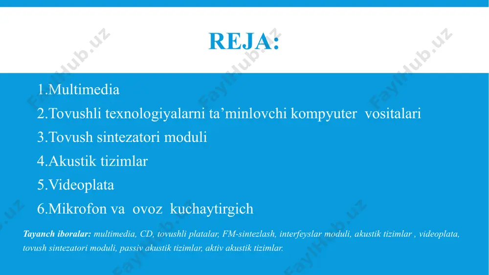usiqa, nutq, shovqinli effektlarni yaratish, yozish va eshitish uchun ishlatiladi. tovushli yaratish rejimida plata xuddi musiqa asbobi kabi harakat qiladi. tovushli plata yordamida yaratiladigan musiqa sintezlangan musiqa deyiladi. tovushin eshitish rejimida plata raqamli audiopleyerga o’xshab ishlab, u xotiradan o’qilgan raqamli signallarni analogli tovushli signallarga o’zgartiradi. tovushli yozish rejimida plata tovushli signallarni keyinchalik ularni kompyuter xotirasiga yozish uchun raqamlashni amalga oshiradi. funkcional jihatdan plata bir nechta modullarni o’z ichiga oladi: • tovushni yozish va eshitish moduli; • tovushni sintezlovchi modul; • interfeyslar moduli. tovushni yozish va eshitish moduli tovushli raqamlash uchun uzluksiz-raqamli o’zgartirgichni ishlatadi. ikkala holla ham tovush sifatiga o’zgartirgichlarning razryadliligi sezilarli ta’sir etadi. 12.2. tovushli texnologiyalarni ta’minlovchi kompyuter vositalari tovishni raqamlash sifati va mos ravishda raqamlangan audioaxborotning keyinchalik eshitilishi boshqa sharoitlar bir xil bo’lganda o’zgartirish razryadliligiga va diskretlash chastotasiga bog’liqdir: • o’zgartirish razryadliligi signalning dinamik diapazomini aniqlaydi; • diskretlash chastotasi tovushli signal chastotalar diapazonining yuqori chegarasini aniqlaydi. raqamlangan signal (uning …