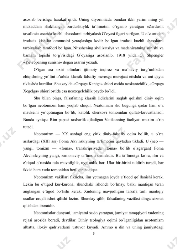moti demakdir. bu ta’limotga ko`ra, ilm va e`tiqod o`rtasida tula muvofiglik, uyg`unlik bor. ular bir-birini tuldirib turadi, har ikkisi ham xudo tomonidan berilgan haqiqat. neotomizm vakillari fikricha, ilm yetmagan joyda e`tiqod qo`llanishi kerak. lekin bu e’tigod kur-kurona, shunchaki ishonch bo`lmay, balki mantiqan teran anglangan e’tigod bo`lishi kerak. xudoning mavjudligini falsafa turli mantiqiy usullar orqali isbot qilishi lozim. shunday qilib, falsafaning vazifasi dinga xizmat qilishdan iboratdir. neotomistlar dunyoni, jamiyatni xudo yaratgan, jamiyat taraqqiyoti xudoning rejasi asosida boradi, deydilar. diniy teologiya oqimi bo`lganligidan neotomizm albatta, iloxiy qadriyatlarni ustuvor kuyadi. ammo u din va uning jamiyatdagi o`rniga, o`zining nomi kelib chiqishiga sabab bo`lgan, foma akvinskiy zamonidan farqli yondoshadi. fomadan keyingi davr yevropada xristianlikning sofligini saqlash g`oyasi, asta-sekin mutloqlashib, o`rta asr akidaparastligining ma’lum ko`rinishlaridan biri-inkvizitsiyaga olib kelgan edi. bu esa xurfikrlilik, ilm-fandagi yangilikka qarshi ko`rashga aylanib ketgan edi. lekin inson huquqlari, fikr erkinligi demokratiya belgisiga aylangan xx asrda bunday utaketgan akidaparstlikka o`rin yo`q. neotomizm …