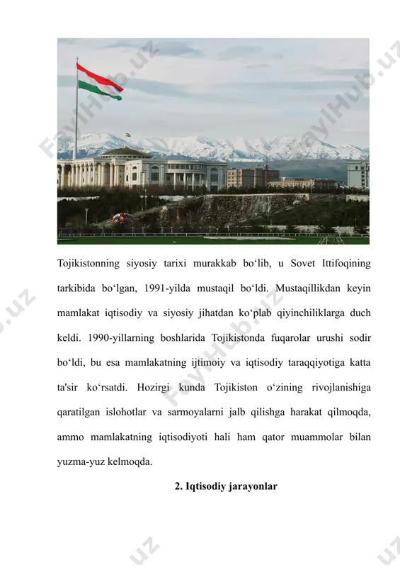 u o‘sish, ayniqsa yoshlar orasida ishsizlikning ortishiga olib kelishi mumkin, bu esa jamiyatdagi iqtisodiy muammolarni kuchaytiradi. · geopolitik xavflar: tojikistonning qo‘shni davlatlari bilan mavjud hududiy va siyosiy ziddiyatlar, ayniqsa, afg‘oniston bilan bo‘lgan chegaraviy muammolar, mamlakatning xavfsizlik va iqtisodiy rivojlanishiga tahdid soladi. xulosa tojikiston iqtisodiyoti qishloq xo‘jaligi, sanoat va xizmatlar sektori o‘rtasida balansi bo‘lgan bir holatda rivojlanmoqda. paxta, oltin, alyuminiy kabi eksport mahsulotlari iqtisodiyotning asosiy poydevorini tashkil etadi. biroq, iqtisodiy o‘sish va barqarorlikni ta'minlash uchun mamlakatning iqtisodiy tarmoqlarini diversifikatsiya qilish, energiya ta'minotini mustahkamlash va ijtimoiy siyosatni rivojlantirish zarur. tojikistonning kelajagi iqtisodiy islohotlar va sarmoyalarni jalb qilishga qaratilgan strategiyalarni muvaffaqiyatli amalga oshirishga bog‘liq. foydalanilgan adabiyotlar: 1. world bank (2023). tajikistan overview. the world bank. https://www.worldbank.org/en/country/tajikistan 2. asian development bank (2022). tajikistan economic report. asian development bank. https://www.adb.org/countries/tajikistan/main 3. tojikiston respublikasi iqtisodiyoti. (2020). iqtisodiy tadqiqotlar markazi. dushanbe: "iqtisodiyot nashri". 4. tajikistan: country report. (2022). oxford business group. https://oxfordbusinessgroup.com/tajikistan 5. tajikistan's energy sector. (2021). …