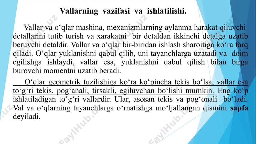 sil qilingach, uning mustaxkamligi tekshirib ko‘riladi. buni ikki xil usul bilan amalga oshirish mumkin: a) ruxsat etilgan kuchlanishlar xamda keltirilgan moment bo‘yicha tekshirish usuli b) xavfli kesimdagi kuchlanishlar konsentratsiyasini e’tiborga oluvchi va ehtiyot koeffitsienti topish asosida tekshirish usuli (aniq usul). agar valning mustahkamligini tekshirish qoniqarli natijani bermasa, uning tuzilishiga zarur o‘zgarishlar kiritilib, mustahkamligi qayta hisoblanadi. vallarning mustaxkamligini xisoblashning nisbatan aniq usuli. bu usulning taqribiy usuldan asosiy farqi shuki, bu usul bilan hisoblashda ta’sir etuvchi momentlardan tashqari, xavfli kesimlardagi kuchlanishlar konsentratsiyasi, valning geometrik o‘lchamlari xamda sirt tozalilining kuchlanishlar qiymatiga ta’siri e’tiborga olinadi. bu usulga ko‘ra, valning xavfli kesimi uchun ehtiyot koeffitsienti aniqlanib, ruxsat etilgan qiymati bilan solishtiriladi valga o‘rnatilgan (tishli va chervyakli gildiraklar, shkiv mufta va shunga uxshash) detallar ta’sirida xosil bo‘ladigan radial va o‘q buylab zo‘riqishlar va tayanch reaksiyalari, shuningdek kuchlar quyilgan teksiliklar orasidagi masofani ko‘rsatuvchi o‘q bo‘ylab o‘lchamlar valning aniqlashtirilgan xisobini bajarishda birlamchi ma’lumotlar xisoblanadi. valga o‘rnatilgan detallarga ta’sir …