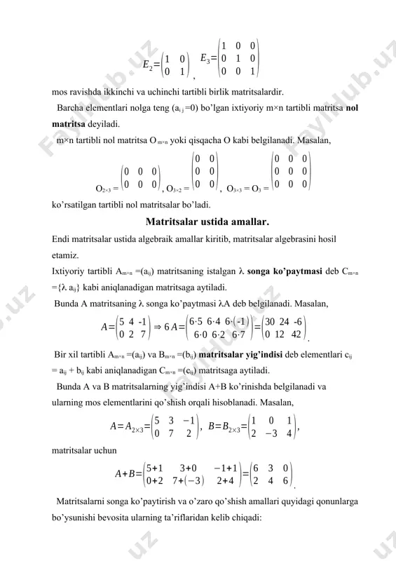 gan songa ko’paytmasi dеb cm×n ={ аij} kabi aniqlanadigan matritsaga aytiladi. bunda a matritsaning songa ko’paytmasi a deb belgilanadi. masalan, . bir xil tartibli аm×n =(аij) va bm×n =(bij) matritsalar yig’indisi dеb elеmеntlari сij = аij + bij kabi aniqlanadigan cm×n =(cij) matritsaga aytiladi. bunda a va b matritsalarning yig’indisi a+b ko’rinishda belgilanadi va ularning mos elementlarini qo’shish orqali hisoblanadi. masalan, matritsalar uchun . matritsalarni songa ko’paytirish va o’zaro qo’shish amallari quyidagi qonunlarga bo’ysunishi bevosita ularning ta’riflaridan kelib chiqadi: i. a+b=b+a (qo’shish uchun kommutativlik qonuni); ii. а+(в+с) = (а+в)+с (qo’shish uchun assotsiativlik qonuni); iii. (а+в) = а + в , ( + )а = а + а (distrubutivlik qonuni) bundan tashqari yuqoridagi ta’riflar orqali bu amallar ushbu xossalarga ham ega bo’lishini ko’rsatish qiyin emas: а + о = а , а+а =2а, 0 а = о , о = о. bir xil tartibli аm×n =(аij) va bm×n =(bij) matritsalar ayirmasi …