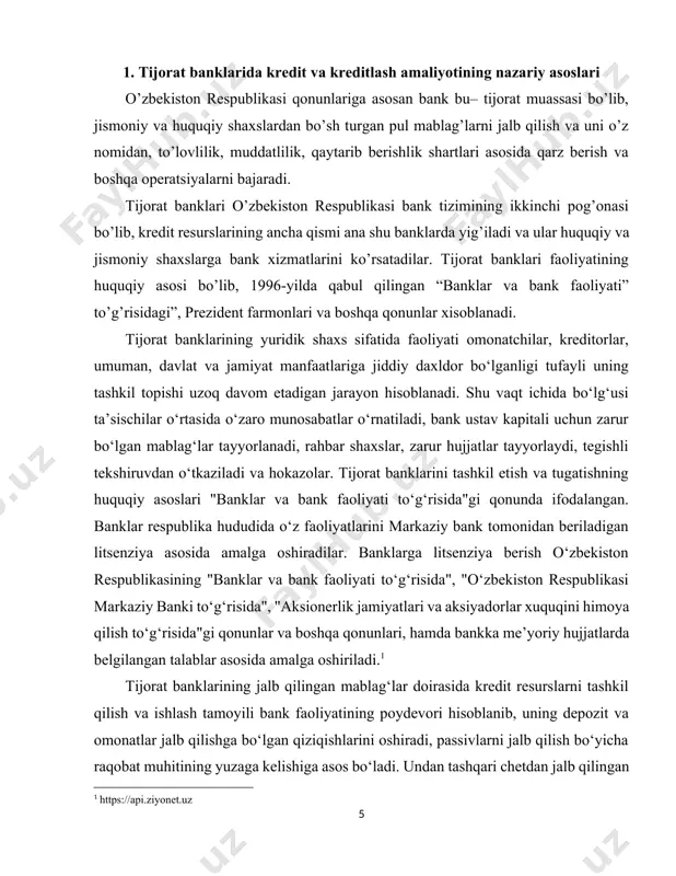umkin.[footnoteref:2] [2: a.ya. abdullaev. moliya va kredit. iii qism. kredit. o‘quv qo‘llanma.– t.: "fan va texnalogiya", 2020 149 bet.] zamonaviy iqtisodiyotda kredit kategoriyasi iqtisodiy rivojlanishning ajralmas elementi sifatida rol o‘ynaydi. kreditdan ishlab chiqarish sohasidagi korxonalar, qishloq xo‘jaligini ishlab chiqaruvchilar, savdo tashkilotlari, hukumat va hatto, ayrim fuqarolar ham foydalanishi mumkin. kreditor o‘zidagi bo‘sh turgan resurslarni qarz oluvchilarga berishi yoki ularni qo‘shimcha mablag‘lar bilan birgalikda qaytarib olishi mumkin. bunda beriladigan kredit pul shaklida yangi to‘lov vositasi sifatida ishtirok etadi. kreditning iqtisodiyotning rivojlanishiga bo‘lgan ta’siri bir xil ma’noda baholanmaydi. masalan, ayrim mutaxassislar, kredit shaxslarni qashshoqlikka olib keladi, mol-mulklar va resurslar tanglikka yuz tutadi deb hisoblaydilar. boshqa ayrim mutaxassislar esa iqtisodiyotning real tarmog‘iga qanchalik ko‘p kredit yo‘naltirilgan bo‘lsa-da, u iqtisodiyotning real tarmog‘ini zaiflashtiradi, qarz oluvchining moliyaviy ahvoliga putur etkazadi va, natijada ularning inqirozga yuz tutishiga, hatto bankrot bo‘lishiga olib keladi degan mazmunni qo‘llab- quvvatlaydi.[footnoteref:3] [3: a.ya. abdullaev. moliya va kredit. iii qism. kredit. o‘quv …
