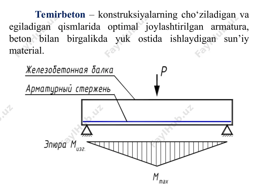 ‘langan maydon; materiallar hajmining kamligi; murakkab shakldagi konstruksiyalarni qurish imkoniyati. 2.yaxlit quyma temirbeton konstruksiyalar – bevosita qurilish maydonida, oldindan tayyorlangan armaturali qobirg‘asi va qolipga beton qorishmasini quyish orqali tayyorlanadi. kamchiliklari: ishlarning mavsumiyligi; qoliplar va tagliklarni o‘rnatish ko‘p mehnat talab qiladi; qurilish muddatlarining davomiyligi; qurilishning past darajada sanoatlashganligi. 3.yig‘ma-yaxlit kompleks temirbeton konstruksiyalar qurilish maydonida tayyorlanadi va yig‘ma konstruksiya ta‘sir etadigan yukni birlikda qabul qiladi. afzalliklari: qolip o‘rnatish talab etilmaydi; po‘lat va beton sarfi kam. kamchiliklari: dinamik yuklar tasiriga chidamsiz. temirbetonning afzalliklari va kamchiliklari afzalliklari: 1. uzoq muddatga xizmat qiladi. yuk ko‘taruvchi konstruksiyalarning turlari normativ xizmat qilish muddati, yil temirbeton va beton konstruksiyalari 150-175 tosh (g‘isht) konstruksiyalari 150-175 metall konstruksiyalari 150 gacha (muhitning agressivlik darajasiga bog‘liq) yog‘och konstruksiyalari 15-50 2. katta bo‘lmagan iqtisodiy xarajatlar. 5. olovbardoshlilgi yuqori. 3. zilzilabardoshliligi yuqori. 4. dinamik kuchlarga qarshilik ko‘rsatishi yuqori . yuk ko‘taradigan konstruksiyalarning turlari yong‘inga chidamlilik chegarasi, soat temirbeton konstruksiyalar 1-2 beton konstruksiyalar 2-5 metall …