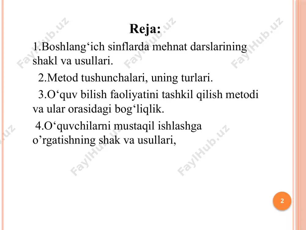 metodlar bilimlarni so’z bilan bayon qilish, darslik, ma’lumotnoma va ilmiy adabiyotlar bilan ishlash ko’rsatmali metodlar rasmlar, namoyishlar, kuzatishlar amaliy metodlar mashqlar, laborotoriyadagi amaliy ishlar o’qitish usullari bilimlarni shunday darajada egallanishiga xizmat qilishi kerakki, unda o’quvchilar chizmani o’qituvchi chizgan o’lchamlar asosida emas, balki buyumni istalgan o’lchami bo’yicha chizib, egallagan bilimlarini amalda qo’llay olsinlar. qo’l mehnatiga o’rgatishda qo’llaniladigan asosiy usullar tizimi quyidagichadir: 1. og’zaki bayon qilish. 2. tushuntirish va hikoya qilish. 3. suhbat. 4. mashqlar. 5. amaliy ishlar. 6. labaratoriya ishlari. 7. mustaqil ishlar. 8. ekskursiya. 9. kitob bilan ishlash. 10. texnik vositalar. mehnat ta’limi jarayonida o’quvchilarni mehnat ta’limi va tarbiyasiga tayyorlashda mana shu usullardan samarali foydalanilsa o’qituvchi o’quvchilarning mehnat ta’limi va tarbiyasining malaka va ko’nikmalarini egallashlariga va mehnatga tayyorlash to’g’ri tarbiyalansa, haqiqiy mehnatkash uchun zarur bo’lgan sifatlar shakllanadi. og’zaki bayon qilish usuli ikki xil ko’rinishda bo’lishi mumkin: 1.monologik bayon qilish, bunda faqat o’qituvchi gapiradi, o’quvchilar esa uning nutqini idrok etib, anglab …