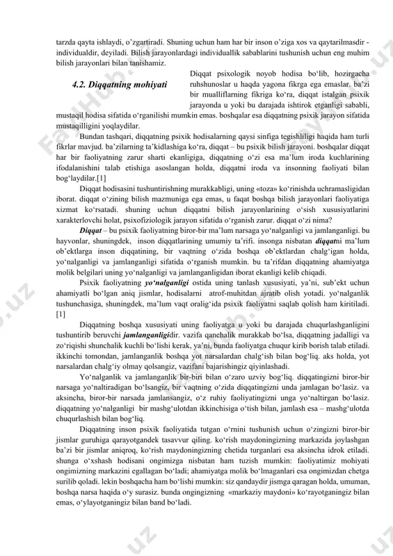 boshqariladigan jarayonlar bo’lib, agar siz o’z imkoniyatlaringizni kenggaytirish yoki iqtidor darajangizni orttirmoqchi bo’lsangiz, bu jarayonlarga oid ma’lum qoidalar va xususiyatlarni bilib olishingiz kerak. bilish jarayonlari inson ongi bir qarashda yaxlit narsa, aslida u ayrim alohida jarayonlardan iborat. shuning uchun ham atrof-muhitni, o’zimizni bilishimizga imkon beruvchi ongni o’rganish uchun uni alohida psixik jarayonlarga bo’lib o’rgana boshlaganlar. bu jarayonlar - sezgilar, idrok, xotira, diqqat, tafakkur, nutq va boshqalardir. bu jarayonlar shu qadar bir-birlari bilan bog’liqki, birini ikkinchisiz tasavvur qilishning o’zi qiyin. masalan, ko’rib idrok qilib turgan narsangizni fikrlamay ko’ringchi, uning mohiyatini bilasizmi? diqqat bilan ko’rgan yoki o’qigan tekstingizni eslab qolasiz. yoki biror narsa to’g’risida fikrlash uchun bizga bir vaqtda ham ilgarigi idrok obrazlari, ham eslab qolish mahoratimiz, ham ichki nutqimiz, irodamiz va diqqat kerak bo’ladi. hattoki, tasodifan qo’limizga kirib ketgan zirapchaga bergan reaksiyamiz ham emosiyalardan tashqari, o’sha narsaning bu yerda qanday paydo bo’lganligi kabi qator tafakkur jarayonlarini keltirib chiqaradi. murakkab kompyuter texnikasi …