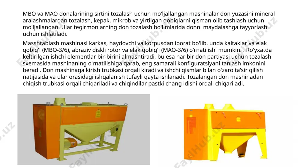 zilarli darajada oshiradi. mbo, mao mashinasi korpus va haydovchiga ega bo'lgan ramkadan yasalgan uskunadir. unda qamchi va elak qobig'i bo'lgan rotor, abraziv diskli rotor va elak qobig'i o'rnatilgan. ro'yxatda keltirilgan organlar bir-birini almashtiradi, bu sizga samarali konfiguratsiyani tanlash imkonini beradi, bu tozalash mashinasining o'rnatilishiga bog'liq bo'ladi. ish, mashinaga kirish trubkasi orqali kiradigan dondan iborat bo'lib, u erda ishchi organlar bilan o'zaro ta'sirda, o'zaro ishqalanish orqali qayta ishlanadi. don tozalangandan so'ng, u uskunadan maxsus chiqish trubkasi orqali chiqariladi va qobig'i changni yig'ish uchun mo'ljallangan pastki huni orqali chiqariladi. mashina uchun ochistki poverxnosti zerna mbo-3 abrasiv diskli rotor va mao-3/6 tipidagi ekran qobig'i ham o'rnatilishi mumkin. barcha ishlaydigan qismlar bir-birini almashtiradi. va ishlatiladigan donni tozalash sxemasiga qarab, siz ushbu mashinalarning optimal konfiguratsiyasini tanlashingiz mumkin. mahsulot qabul qiluvchi quvur orqali ish joyiga kiradi. don ham mashinaning ishchi qismlari tomonidan, ham bir-biriga mexanik ishqalanish orqali qayta ishlanadi. tozalashdan so'ng, don maxsus quvur orqali birlikdan …