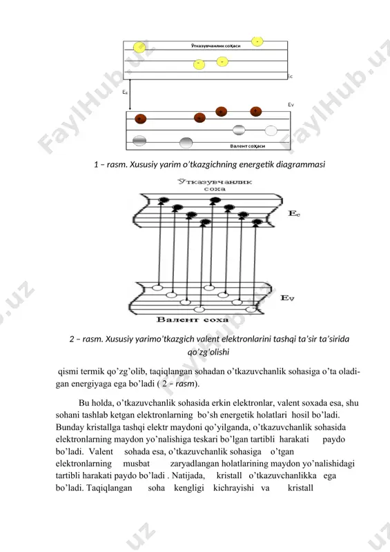 yidagi ikkita muhim xulosa kelib chiqadi: – yarim o’tkazgichlarning o’tkazuvchanligi valent sohadagi elektronlarga o’tkazuvchanlik sohasiga o’tish uchun yetarli bo’lgan energiyani beruvchi tashqi kuchlar ta’sirida paydo bo’ladi. shuning uchun yarim o’tkazgichlar o’tkazuvchanligi qo’zg’otilgan o’tkazuvchanlikdan iboratdir; – qattiq jismlarning yarimo’tkazgichlar va dielektriklarga bo’linishi ma’lum bir hisobda shartli tabiatga ega. uy haroratida dielektrik xususiyatga ega bo’lgan olmos, yuqori temperaturalarda sezilarli o’tkazuvchanlikka ega bo’lib, yarim o’tkazgich xususiyatini oladi. tashqaridan berilgan ta’sir hisobiga valent sohadagi elektronlar taqiqlangan sohani yengib, o’tkazuvchanlik sohasiga o’tadi. natijada, valent sohada bo’sh energetik holatlar hosil bo’ladi. kristallga tashqi elektr maydoni qo’yilganda,valent sohadagi elektron hosil bo’lgan bo’sh energetik o’rinni (kovakni) egallaydi va o’zi tashlab ketgan joyda yana kovak hosil qiladi. yangi hosil bo’lgan bo’sh kovakni valent sohadagi boshqa elektron egallaydi va x.k. 2 xususiy yarim o’tkazgichlarda zaryad tashuvchilar konsentrasiyasi yarimo’tkazgichlarda erkin zaryad tashuvchi gazning xususiyatlarini belgilovchi asosiy parametrlardan biri –ximiyaviy potensialdir. elektron va kovakli gazlar uchun, ximiyaviy potensial oddiygina qilib fermi sathi …